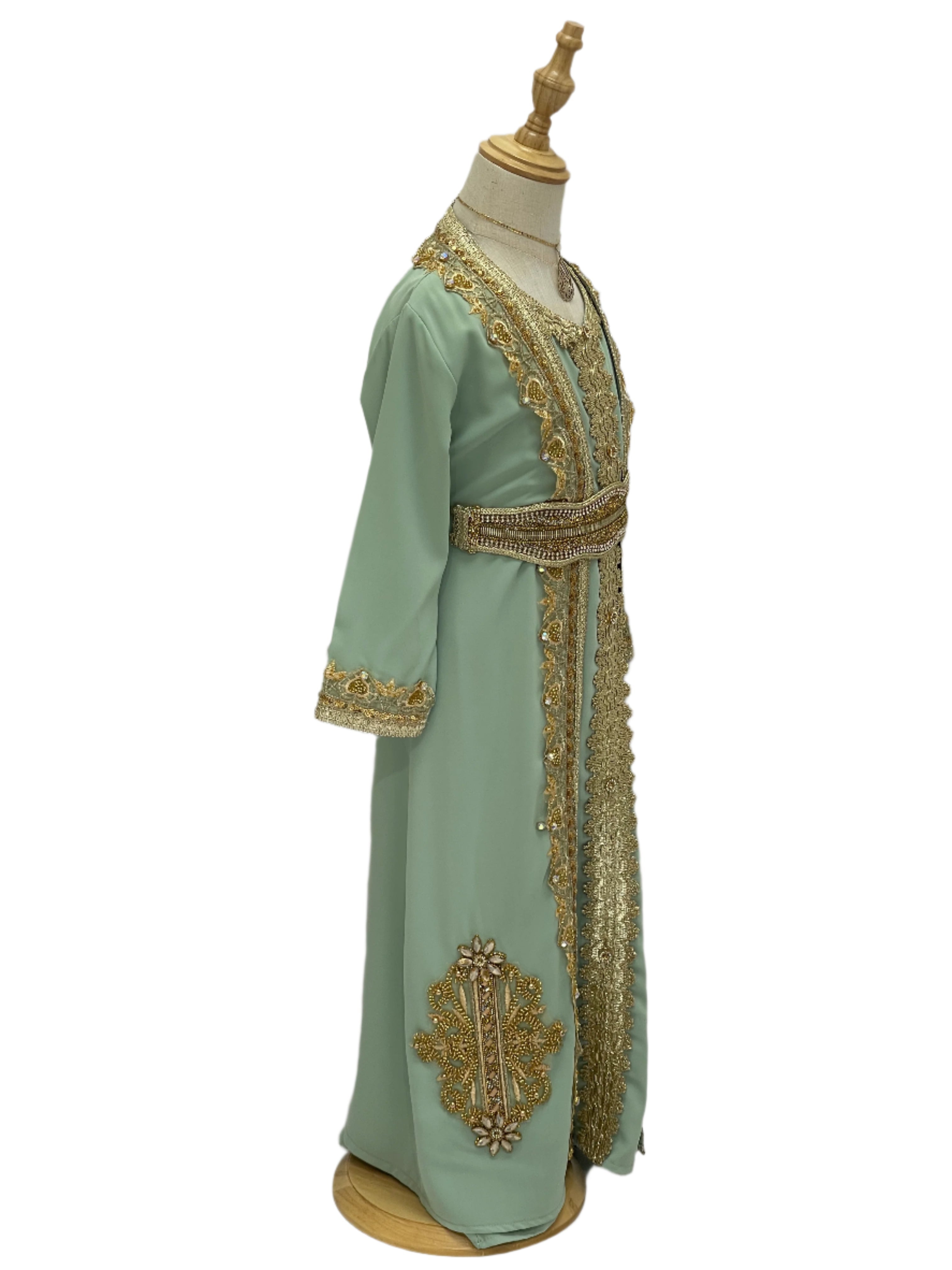 Palestinian Elegance Princess Mariam Long Sleeve Kaftan Dress in light green with gold embroidery for kids