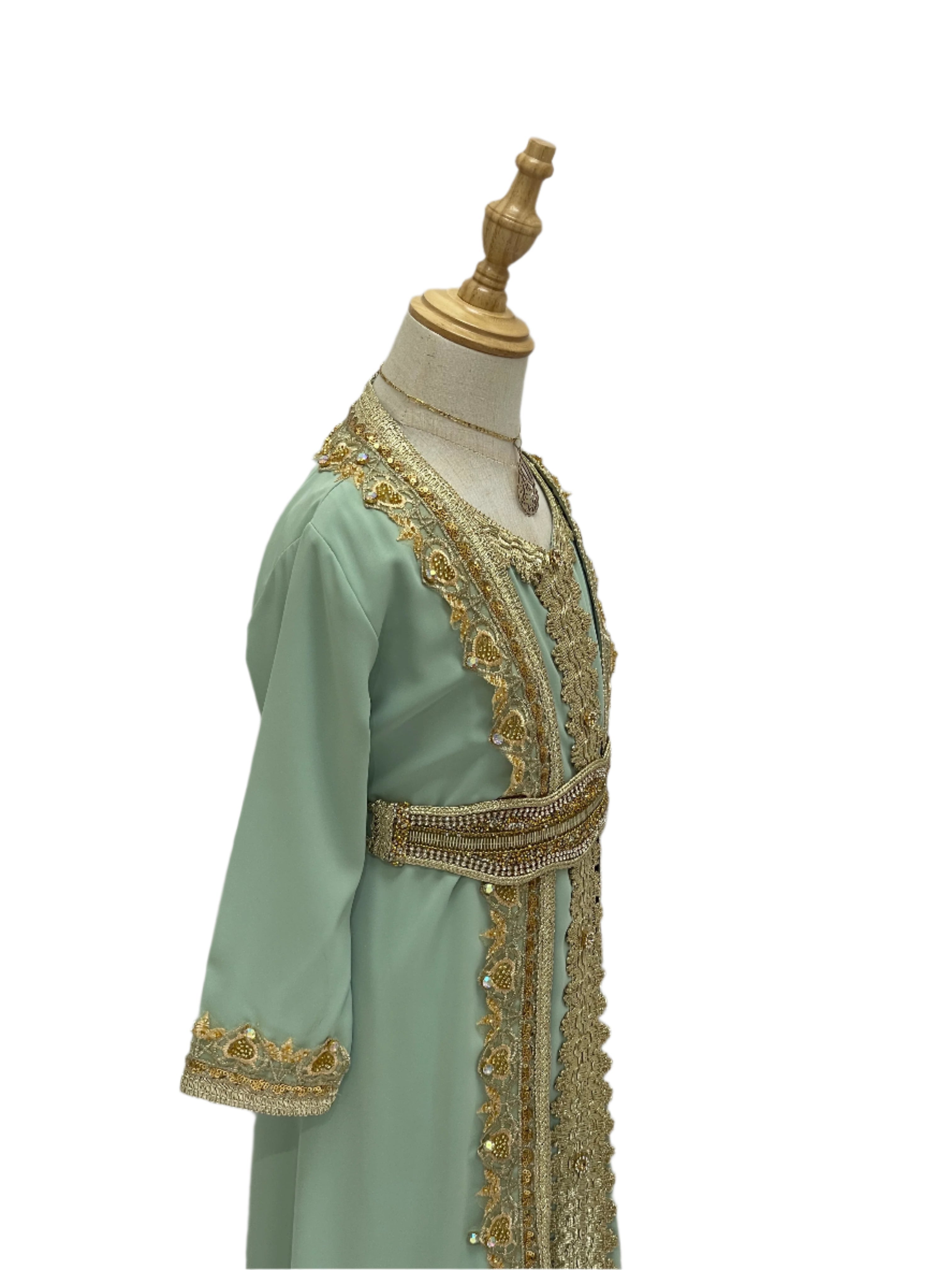 Palestinian Elegance Princess Mariam Long Sleeve Kaftan Dress in mint green with gold embroidery