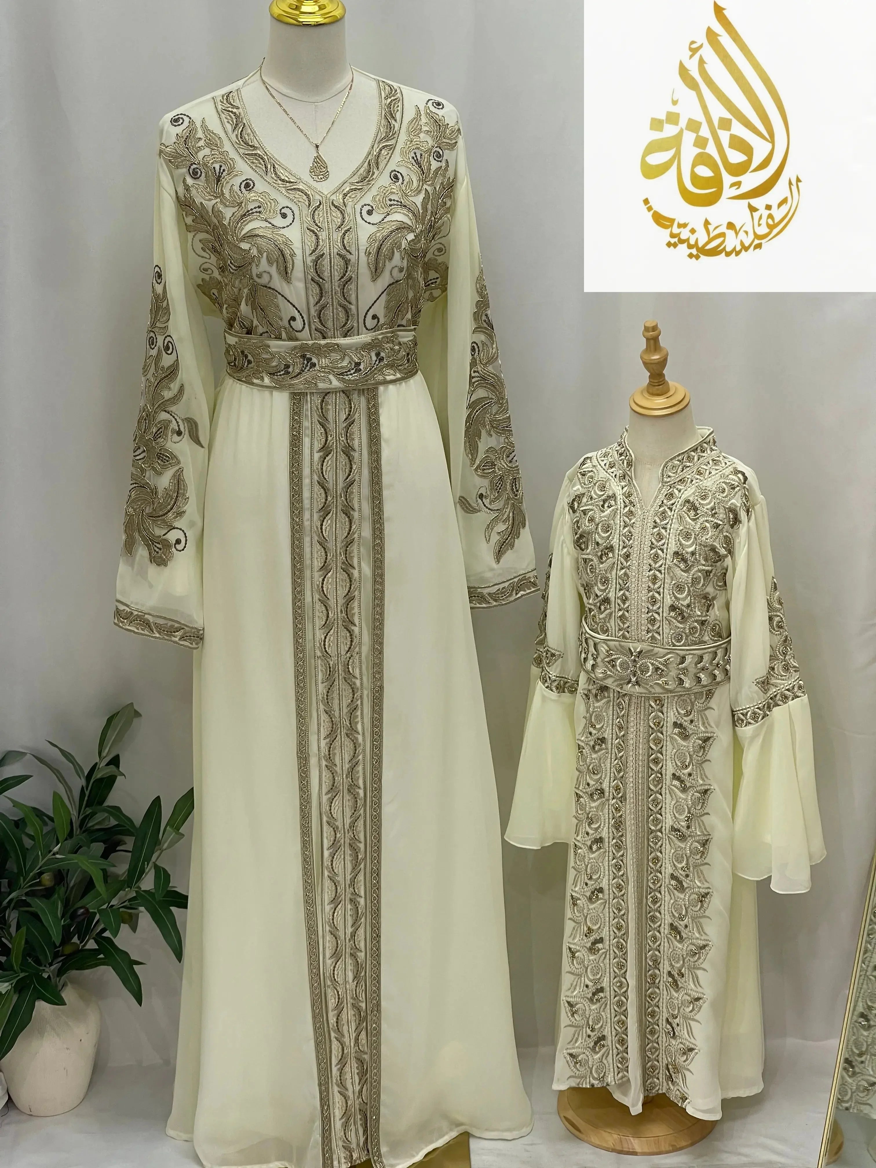 Palestinian Elegance cream matching mother and daughter Moroccan Embroidered Kaftan set with gold embroidery and belts