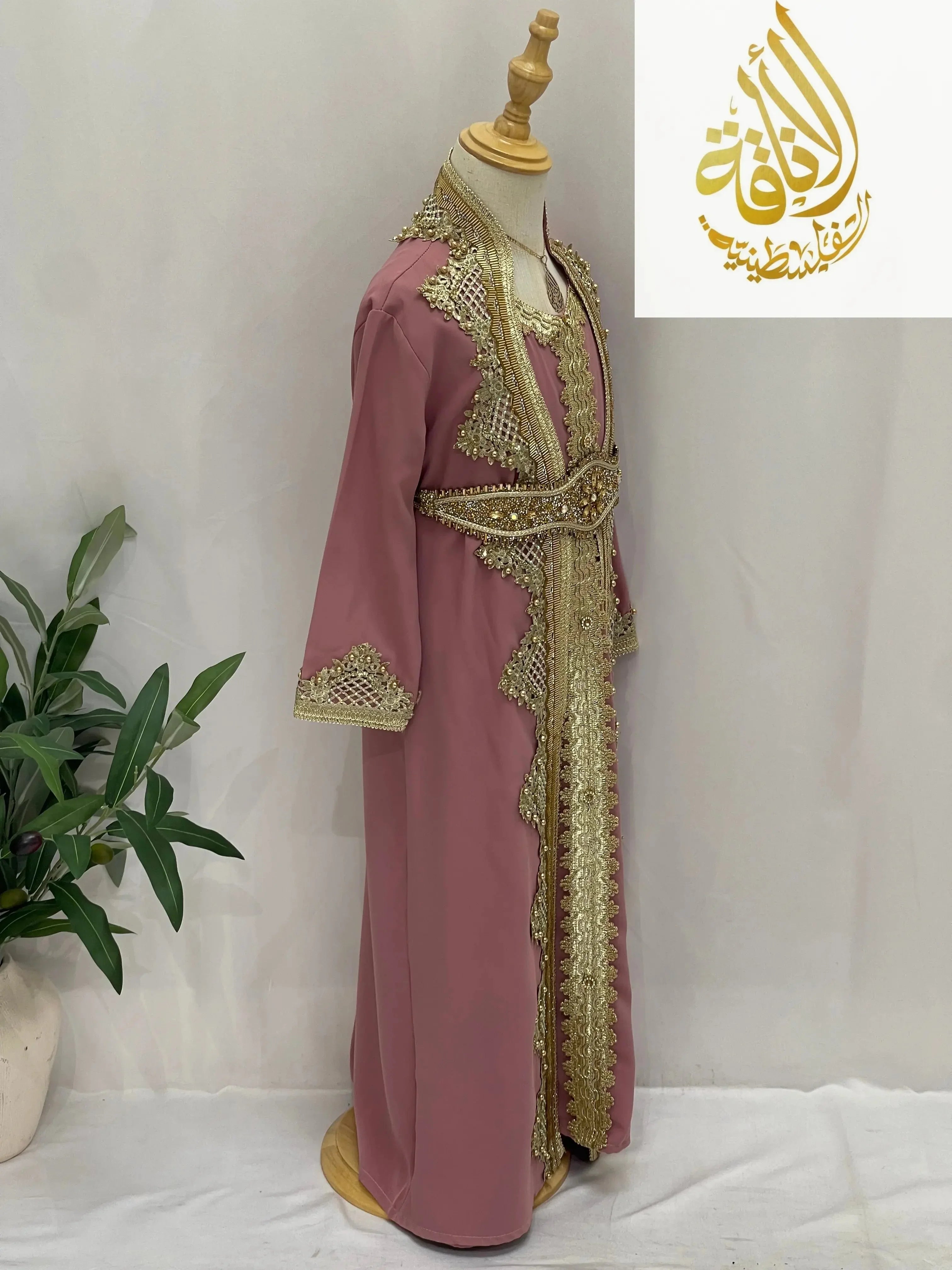 Princess Sema Girls Luxury Kaftan by Palestinian Elegance in dusty pink with gold embroidery and belt