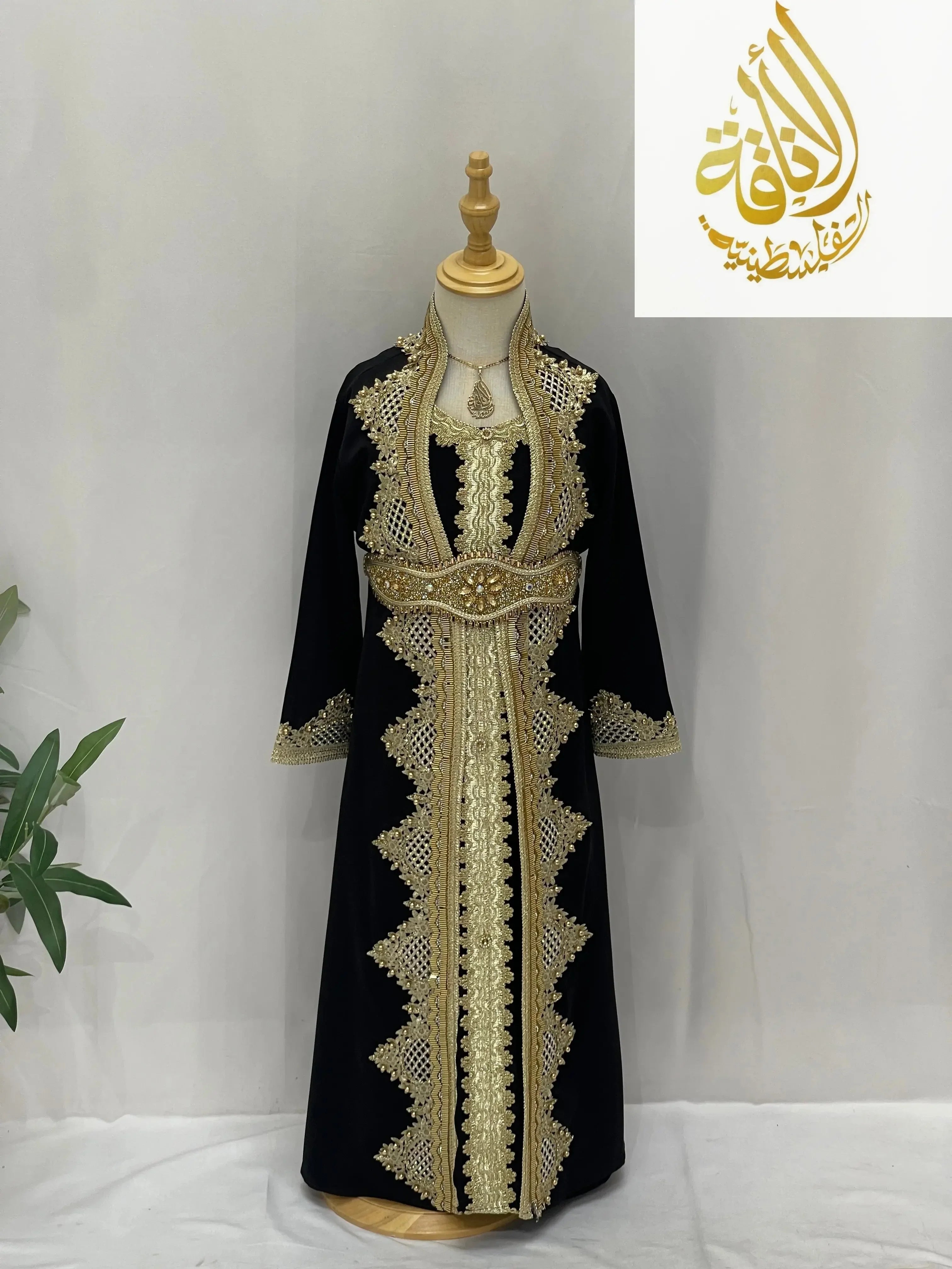 Princess Sema Girls Luxury Kaftan black with gold embroidery and intricate detailing by Palestinian Elegance