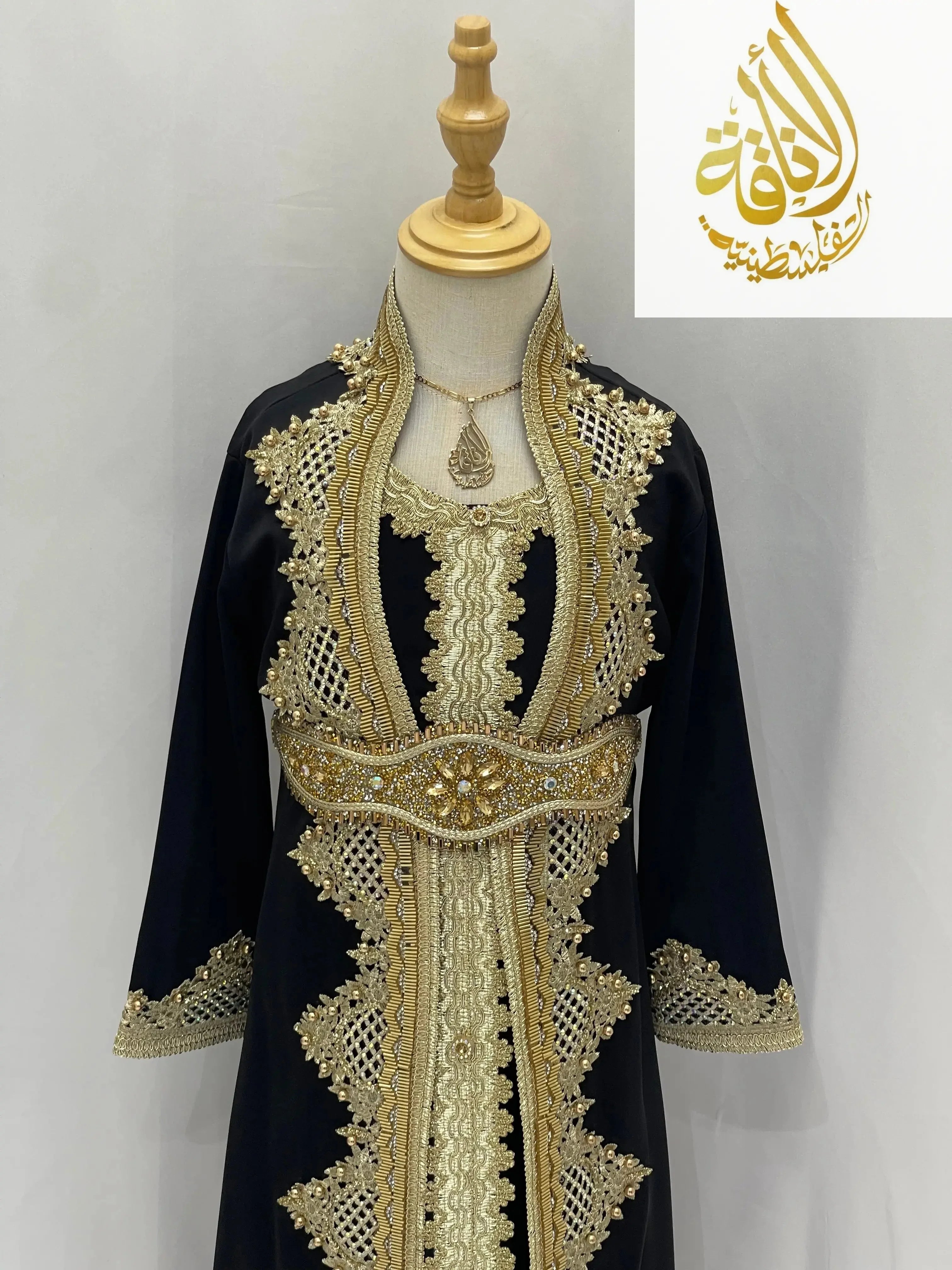 Princess Sema Girls Luxury Kaftan black and gold embroidered kid's dress by Palestinian Elegance