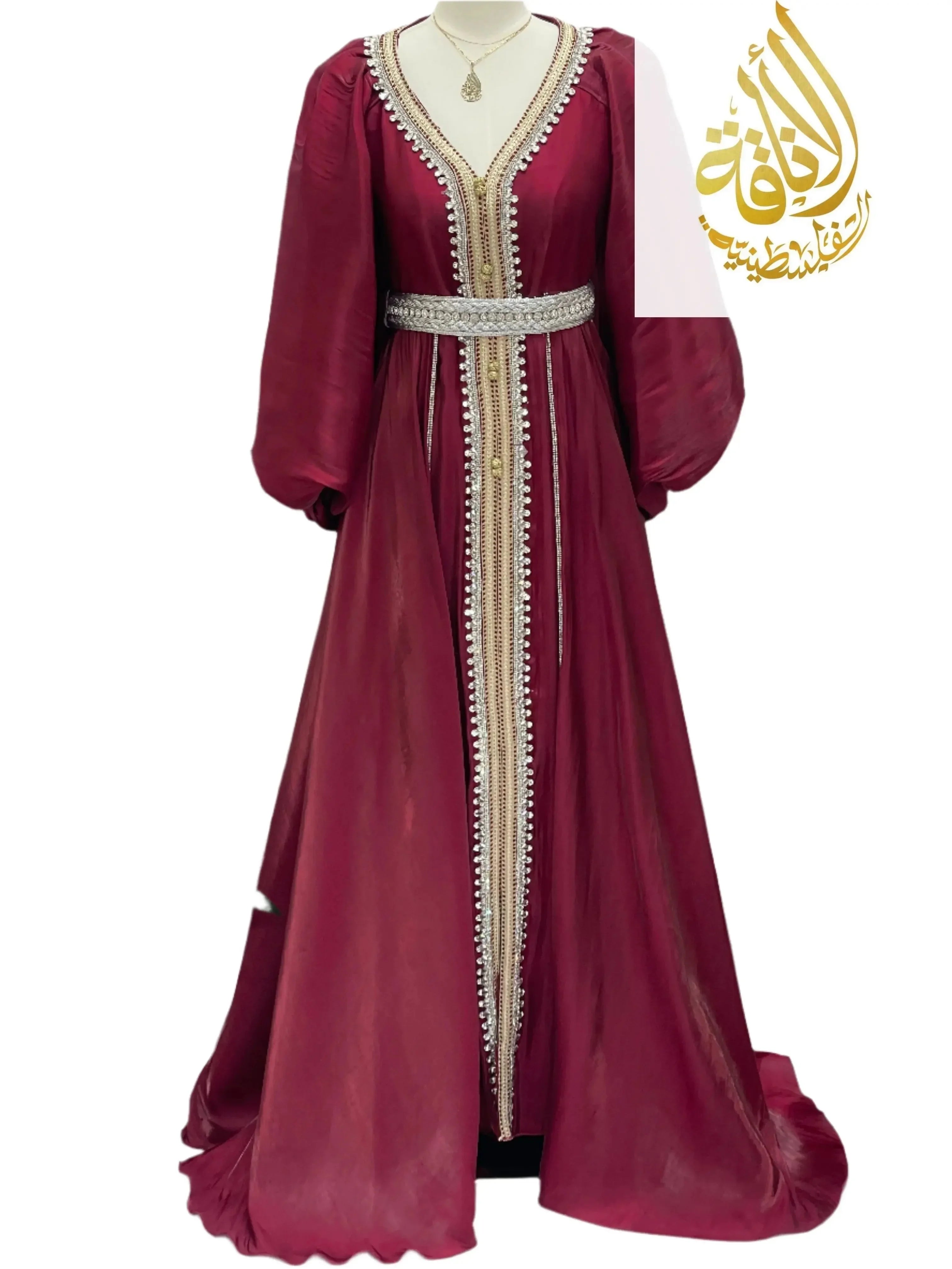Palestinian Elegance maroon puffy sleeves kaftan dress with silver belt and intricate front embroidery