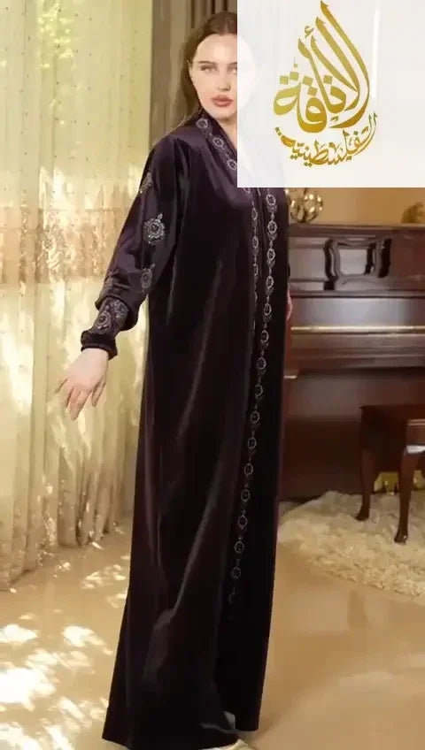 Purple Embroidered Velvet Abaya - Women's Luxurious and Elegant Fashion Palestinian Elegance