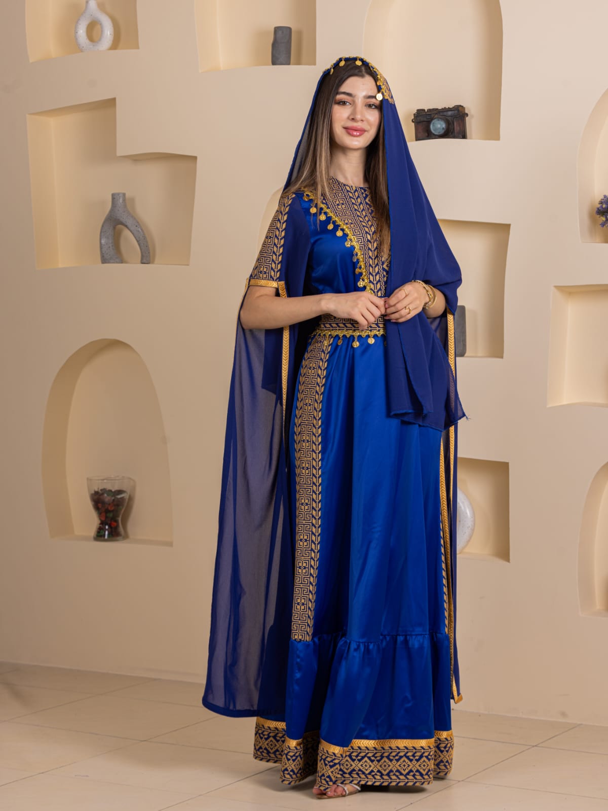 Qamar Embroidered Dress royal blue floor length Palestinian gown with gold embroidery and matching veil by Palestinian Elegance
