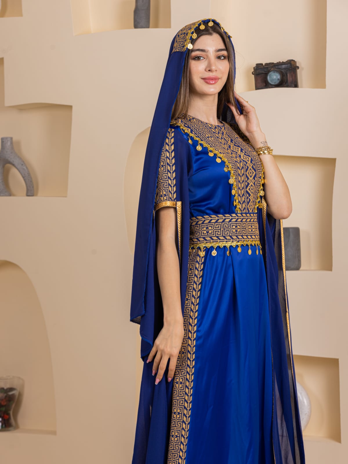 Qamar Embroidered Dress royal blue Palestinian Elegance dress with gold embroidery and matching headscarf