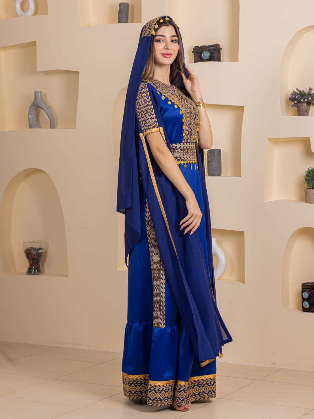 Qamar Embroidered Dress by Palestinian Elegance royal blue traditional embroidered maxi dress with matching headscarf