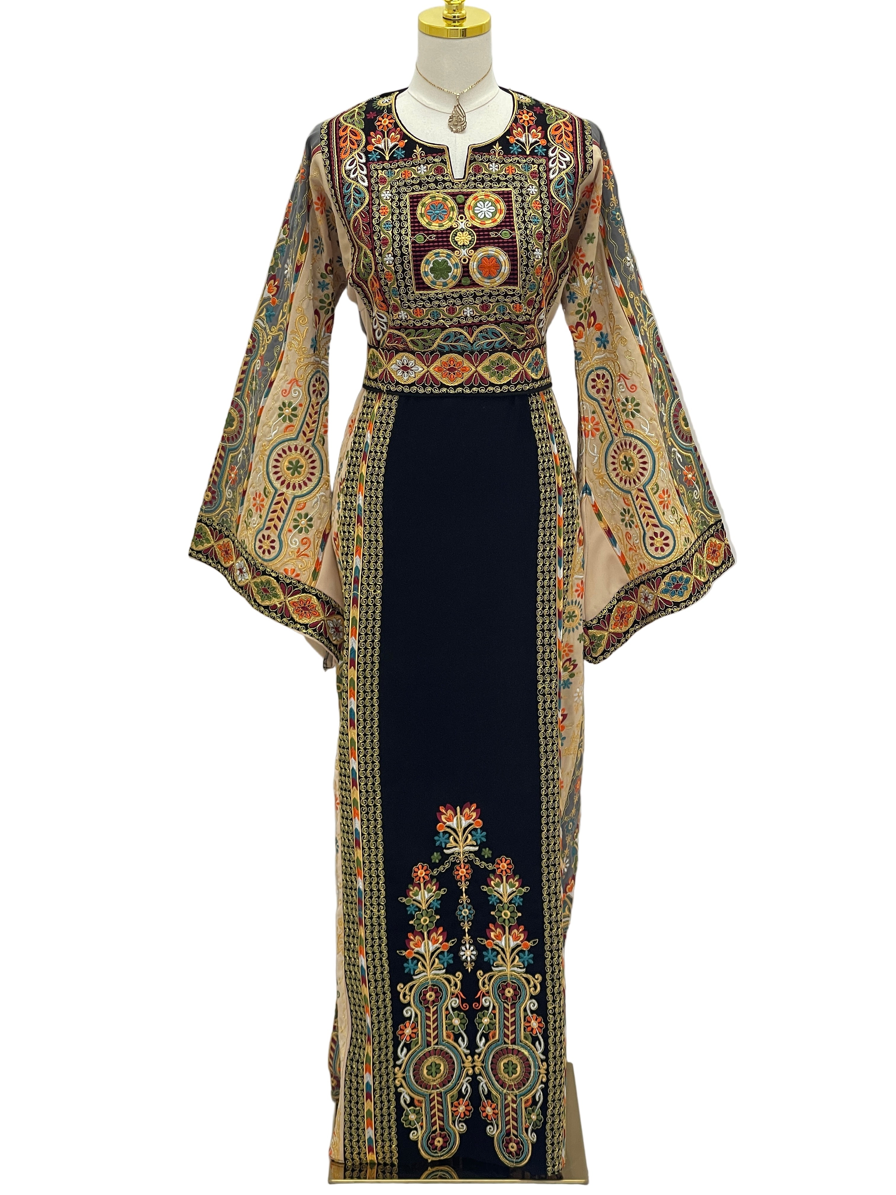 Rafif Embroidered Thobe by Palestinian Elegance long black dress with intricate multicolor Palestinian embroidery