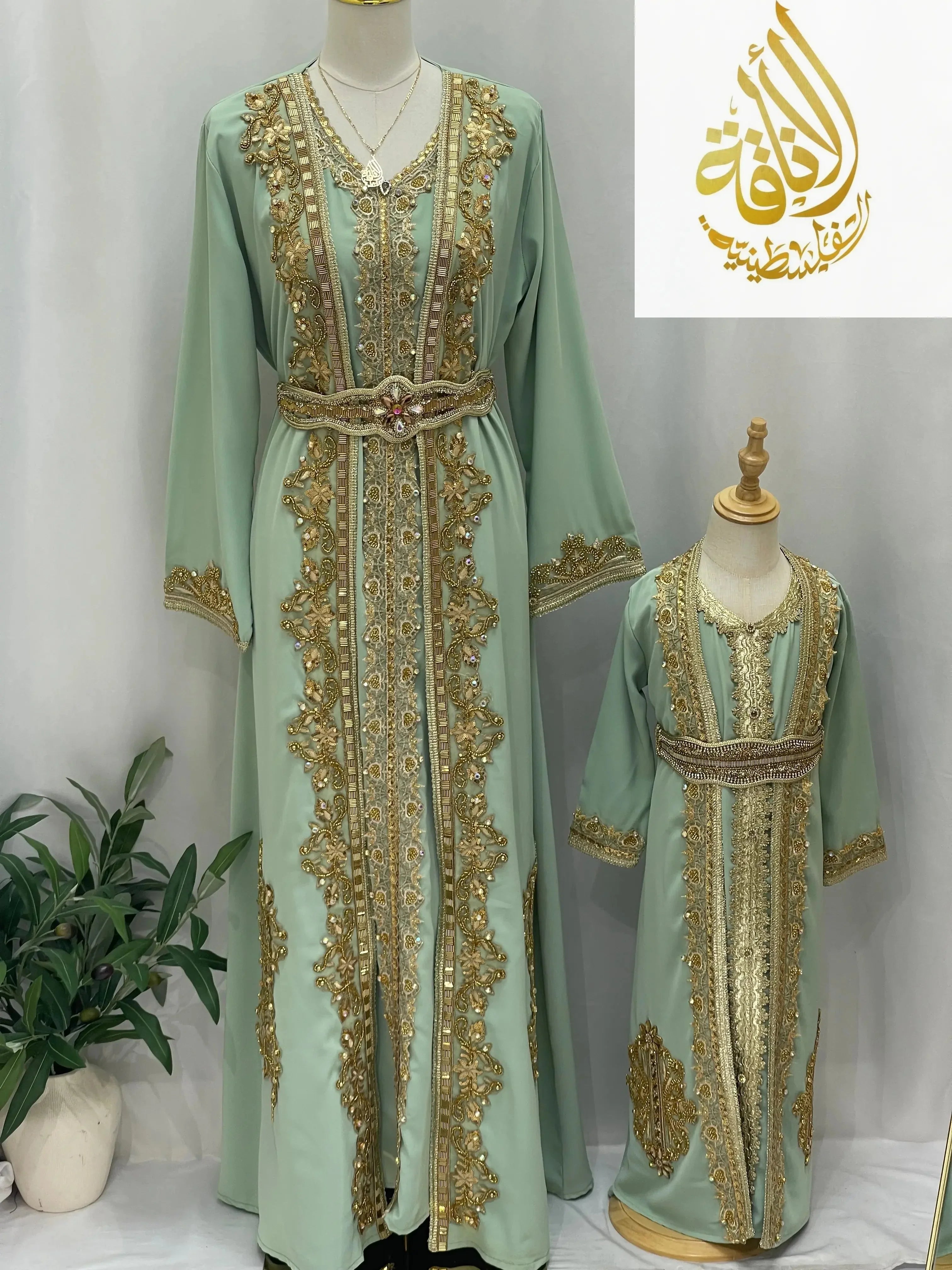 Rahaf Moroccan Style Kaftan in mint green with intricate gold embroidery from Palestinian Elegance for adult and child