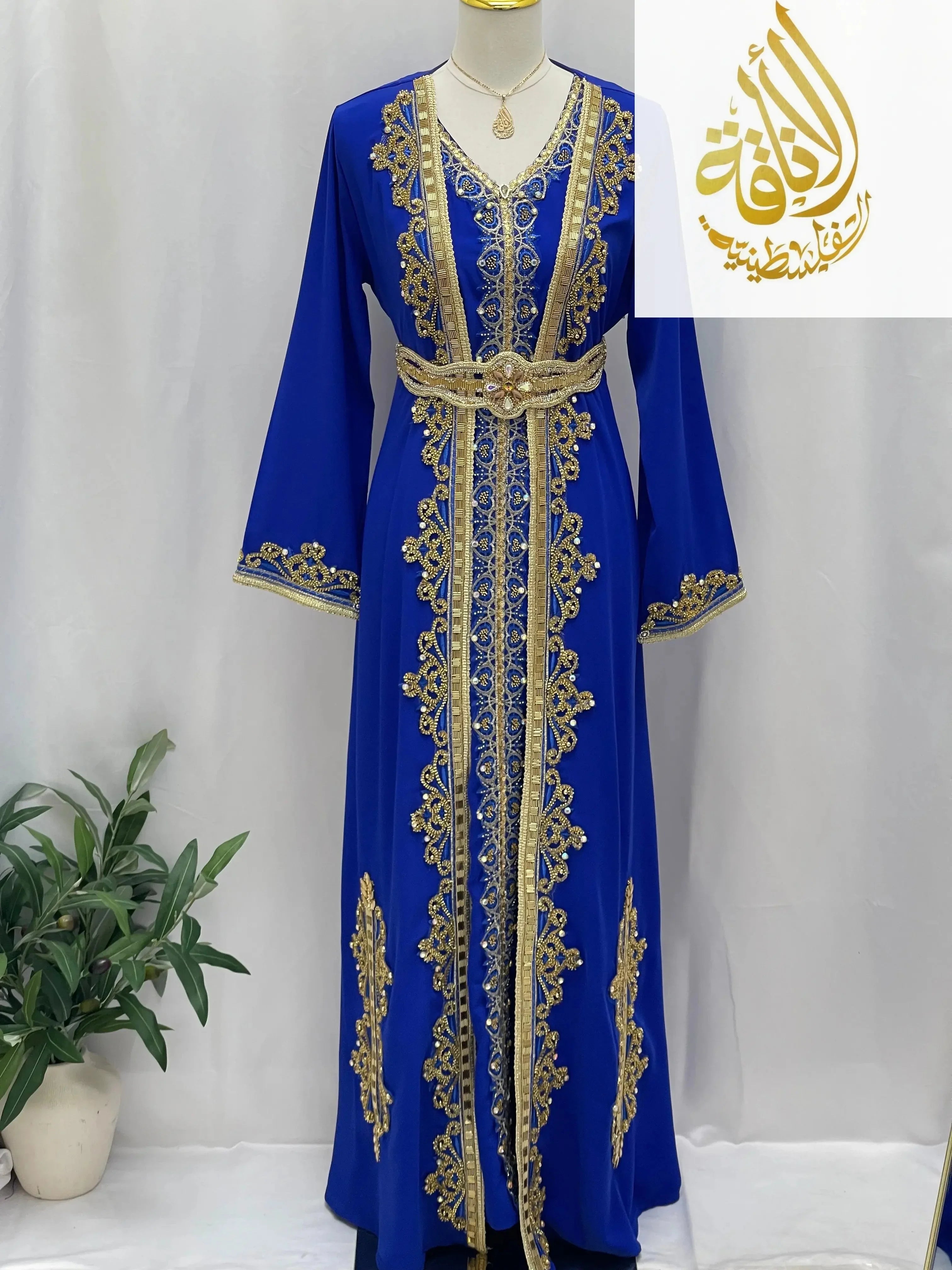 Palestinian Elegance Rahaf Moroccan Style Kaftan in royal blue with gold embroidery and matching belt