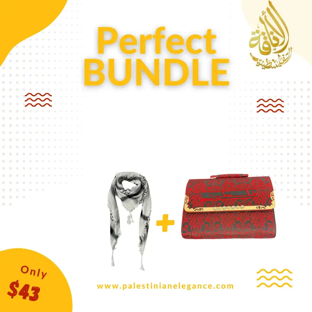Perfect bundle featuring a red kuffiyeh handbag and a traditional scarf from Palestinian Elegance