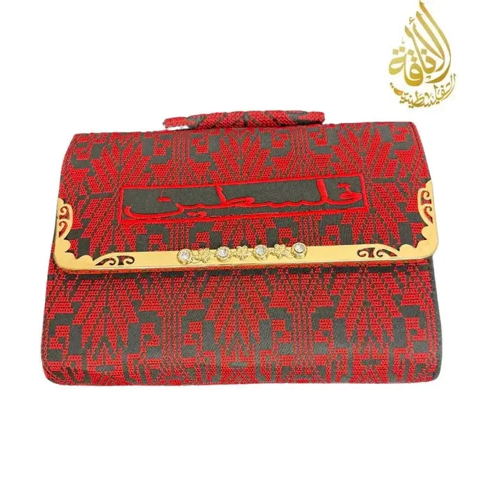 Palestinian Elegance red kuffiyeh handbag with intricate embroidery and decorative gold accents
