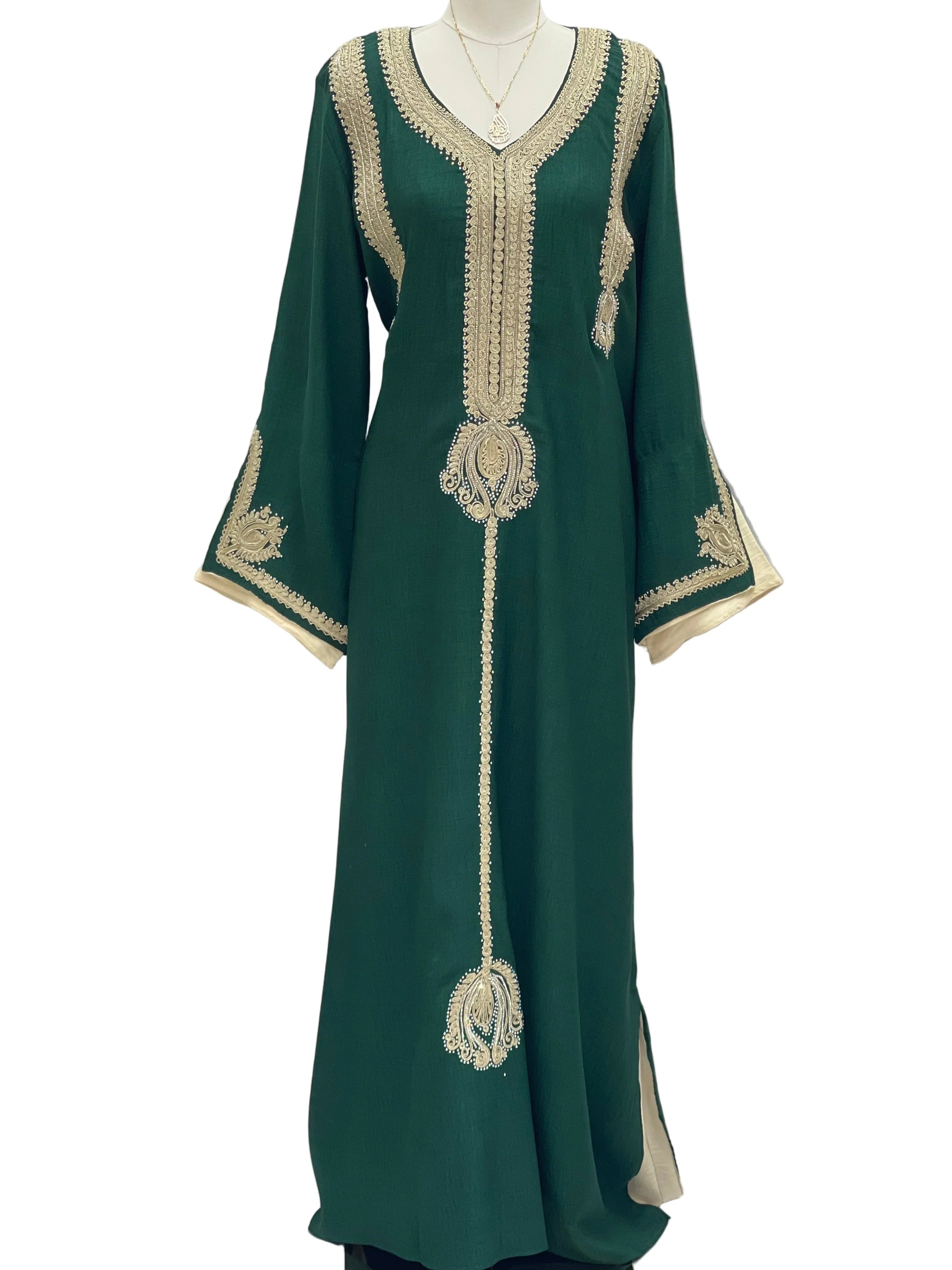 Regal Moroccan Jalabiya by Palestinian Elegance green kaftan with gold embroidery V neck and bell sleeves