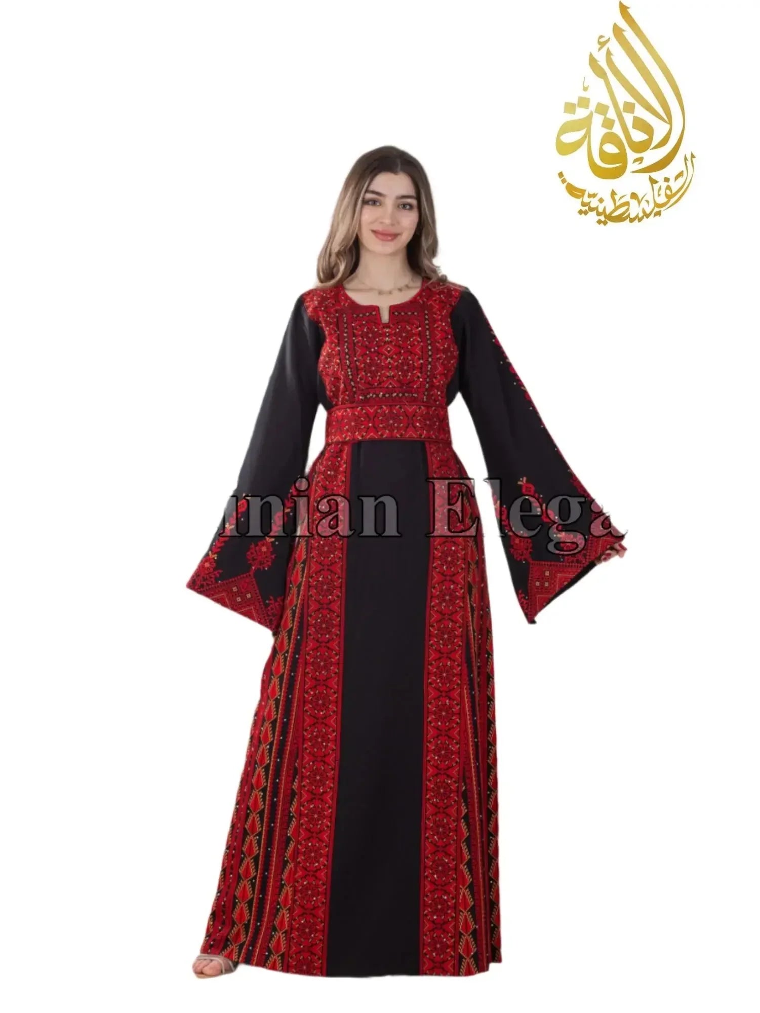 Palestinian Elegance Rome Embroidered Thoub in black with red traditional embroidery and wide sleeves