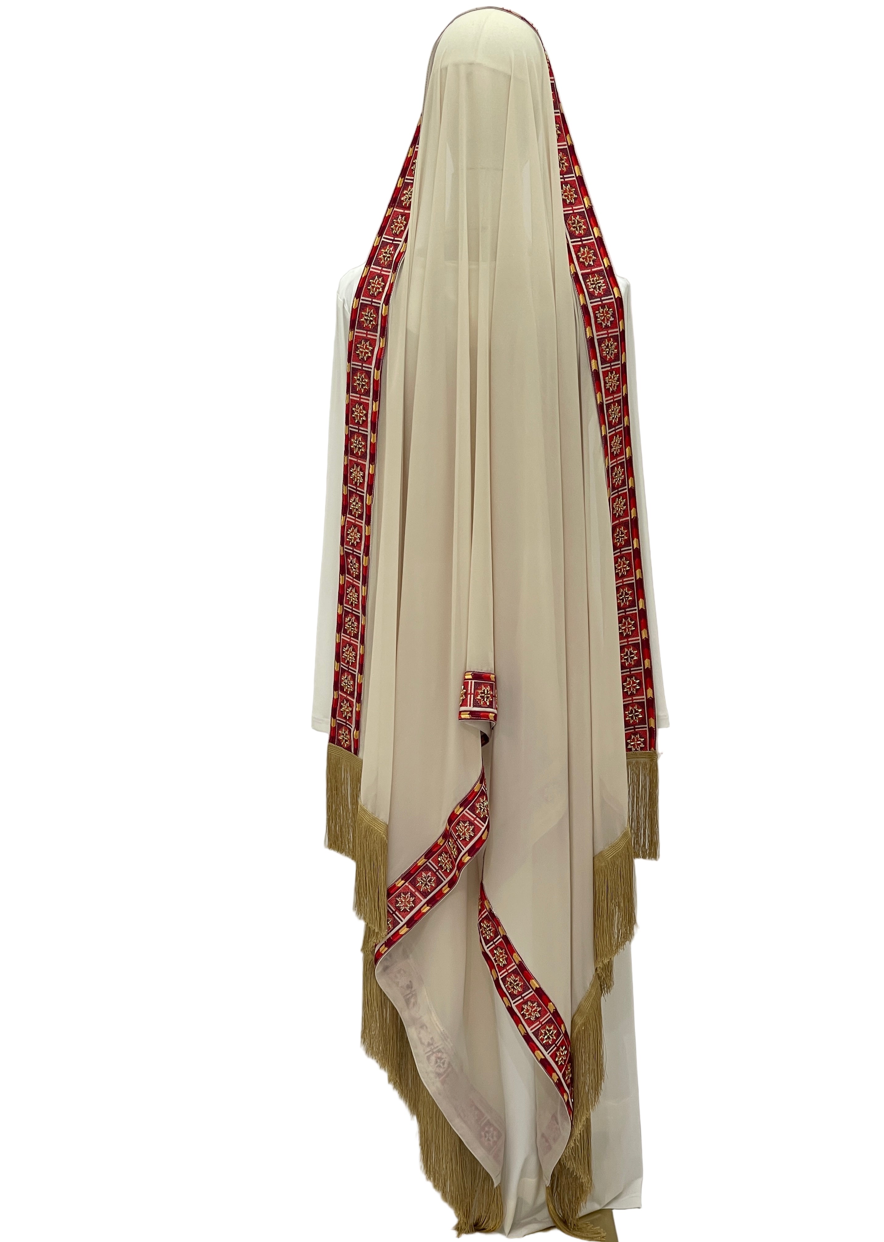 Elegant Rose Long Embroidered Khirka-Shwal with intricate red and gold detailing, perfect for special occasions