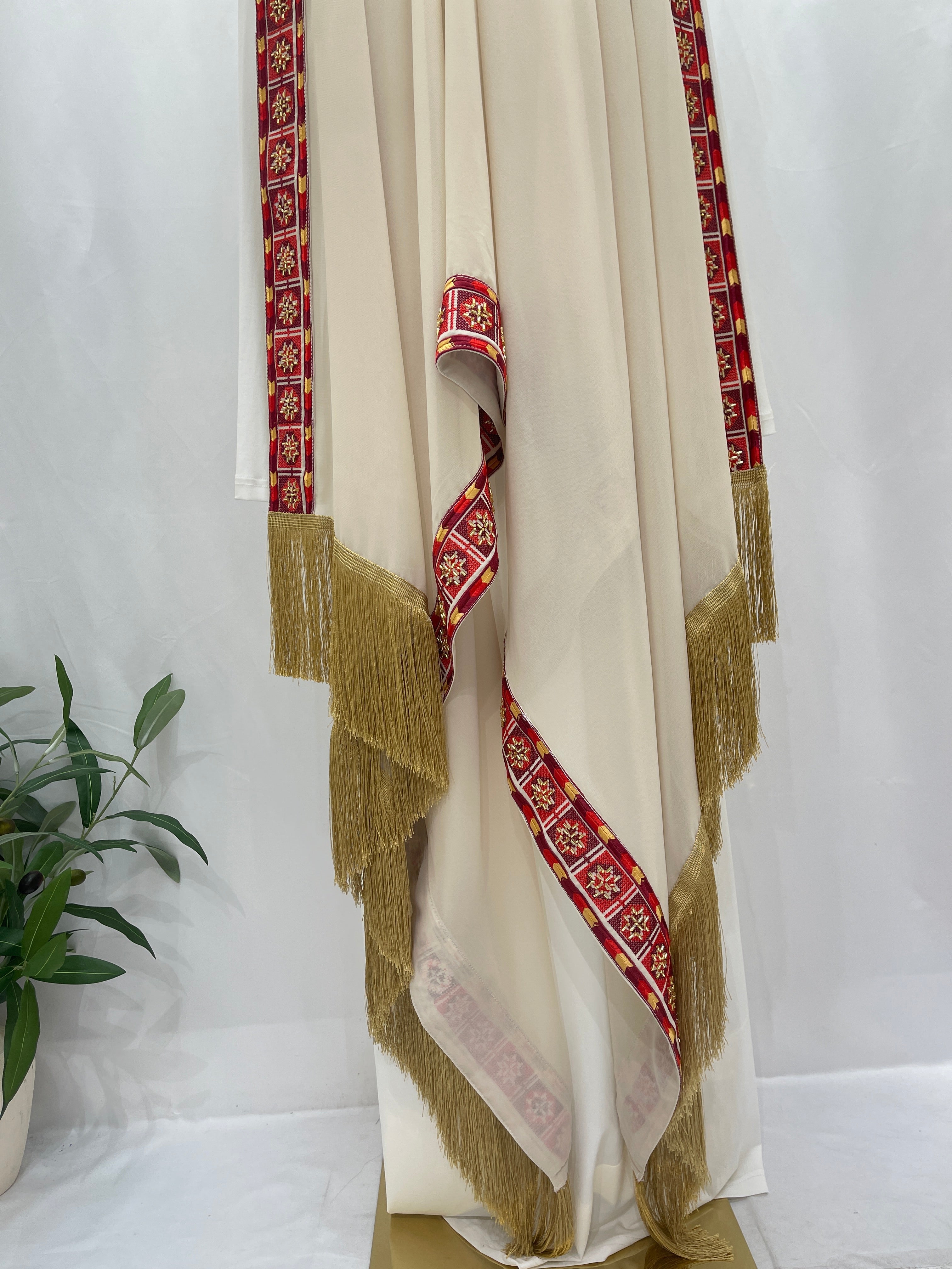 Rose Long Embroidered Khirka-Shwal with intricate gold fringe and vibrant red trim design