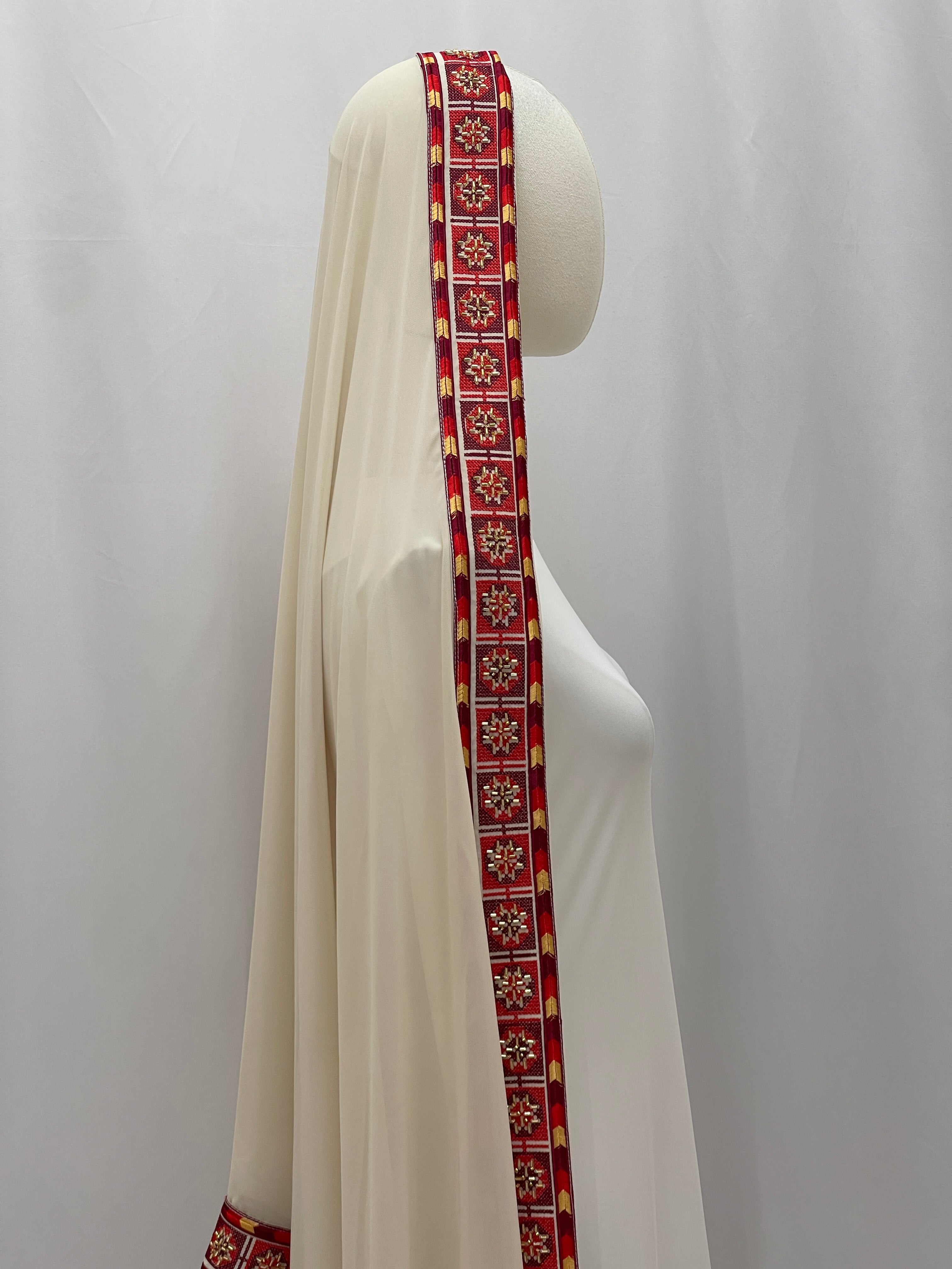 Elegant Rose Long Embroidered Khirka-Shwal with intricate red floral design on the edge