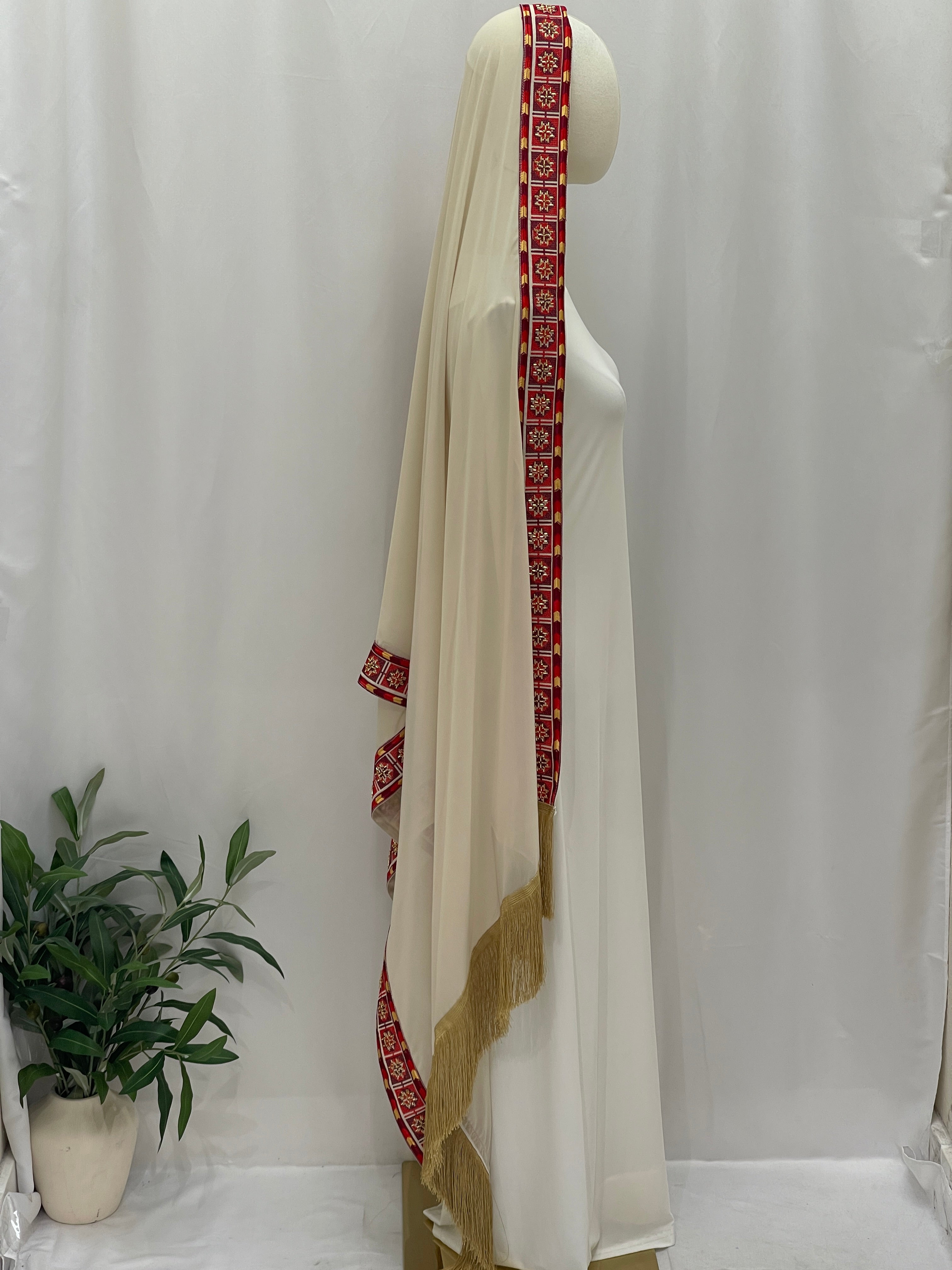 Rose Long Embroidered Khirka-Shwal with intricate red and gold detailing, perfect for elegant occasions