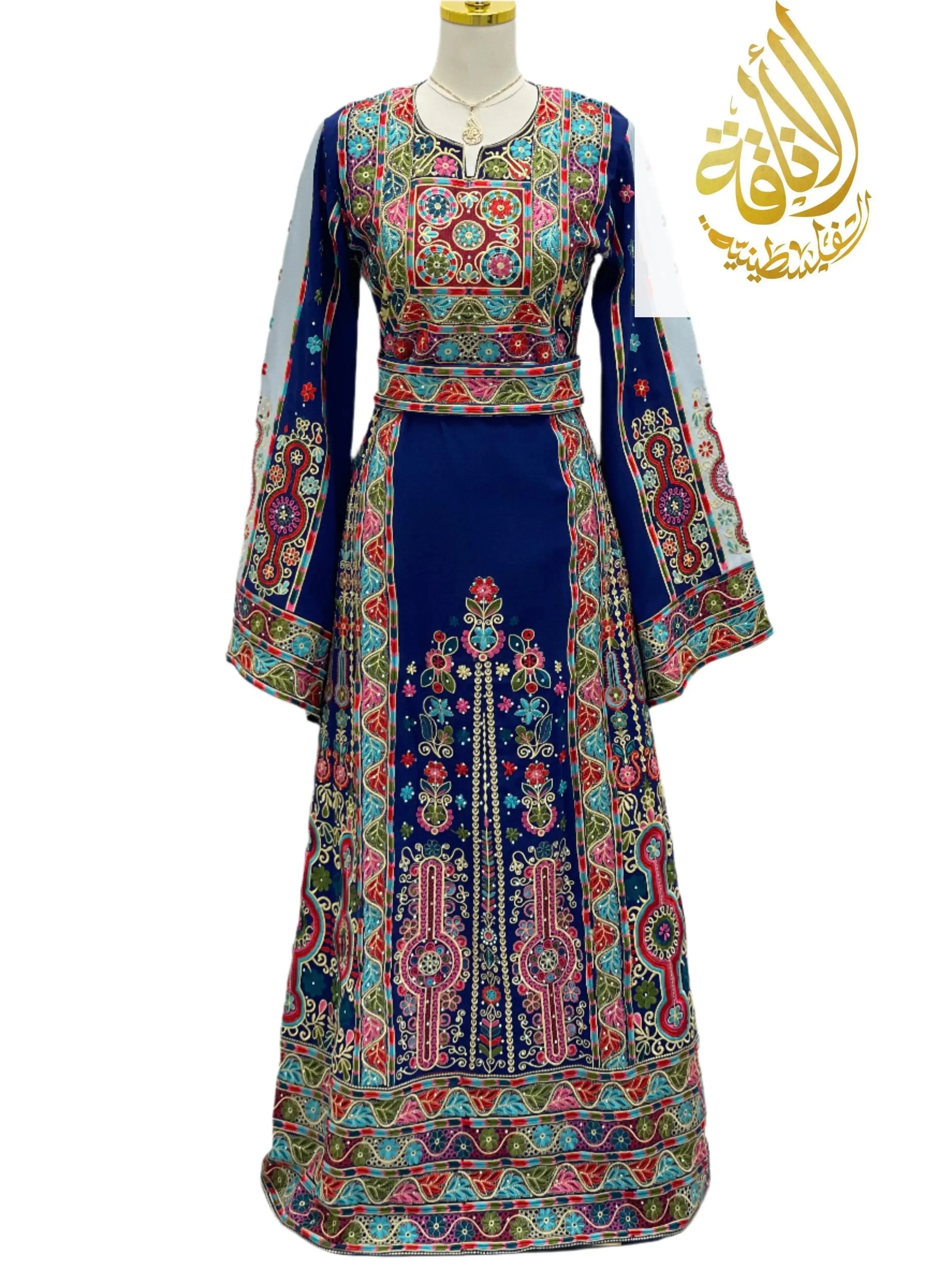 Palestinian Elegance royal blue embroidered thoub with colorful traditional embroidery on long sleeves and floor-length dress