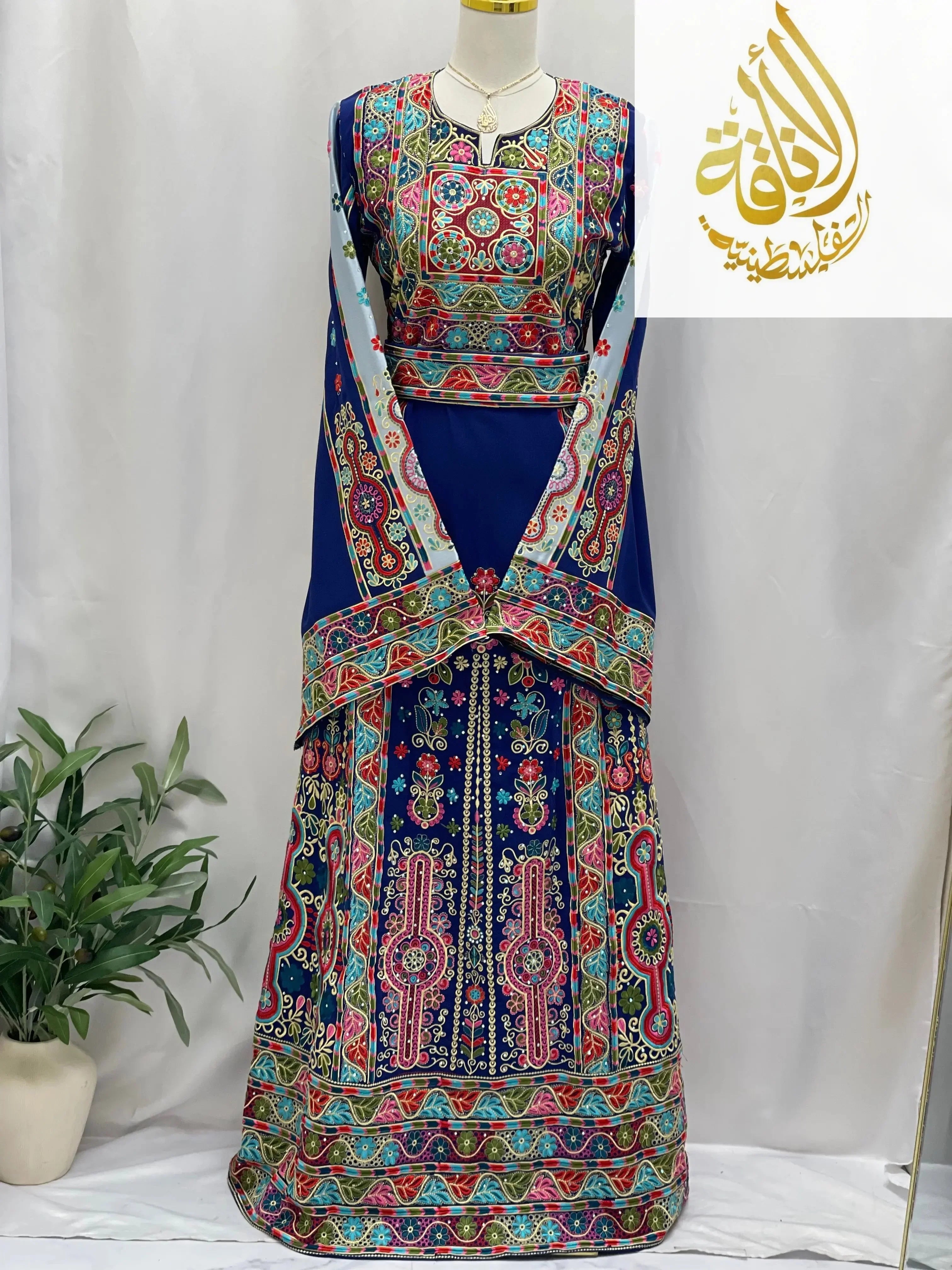 Palestinian Elegance royal blue embroidered thoub with multicolor intricate embroidery and traditional design