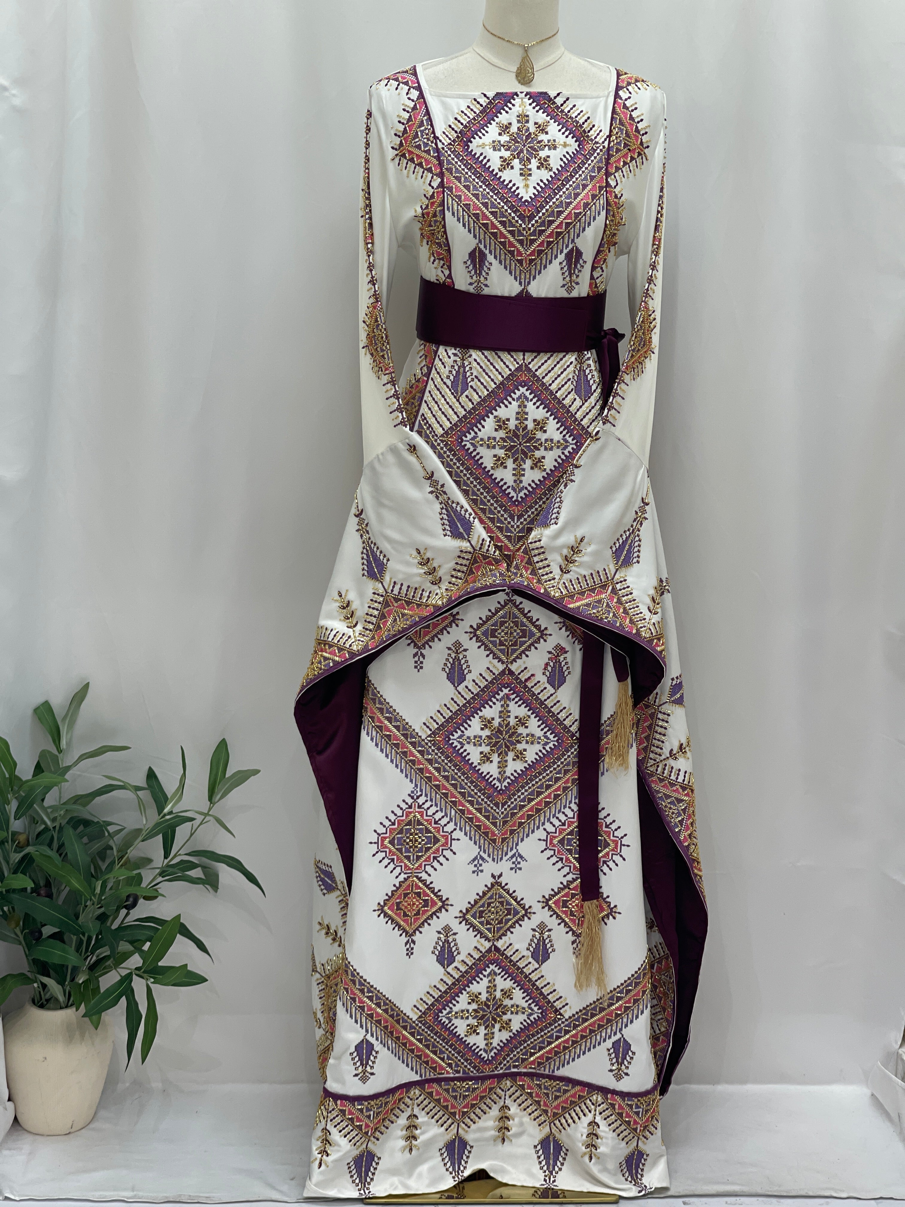 Bridal Palestinian Elegance Embroidered Thoub Gown white with maroon belt and traditional geometric embroidery