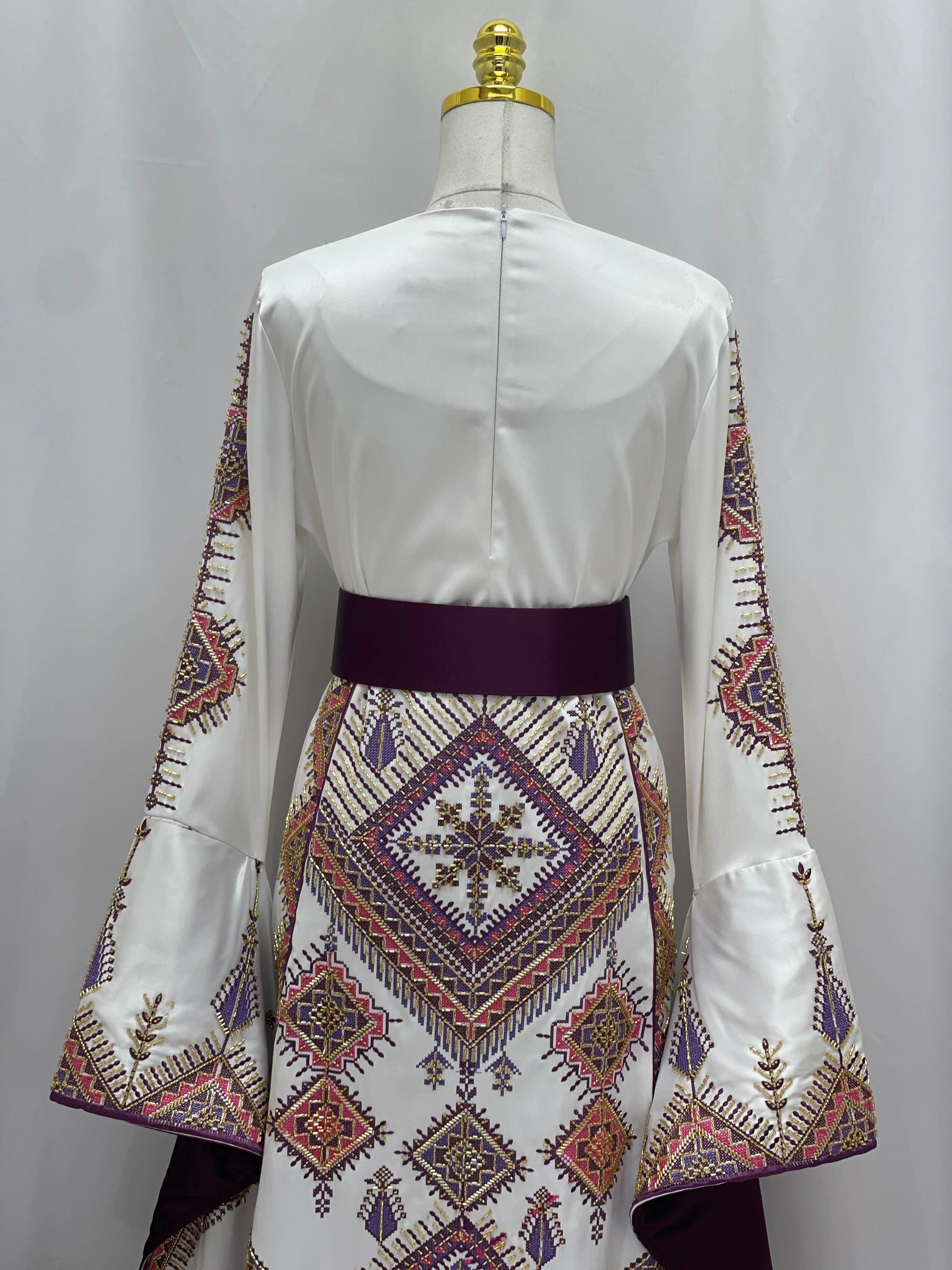 Palestinian Elegance bridal dress back view Embroidered Thoub Gown with geometric motifs and bell sleeves