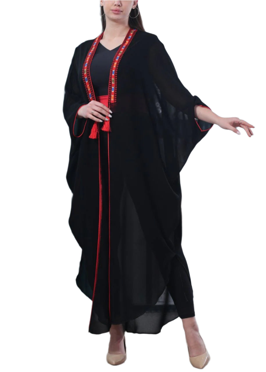 Palestinian Elegance black embroidered chiffon cardigan with red detailing and tassels