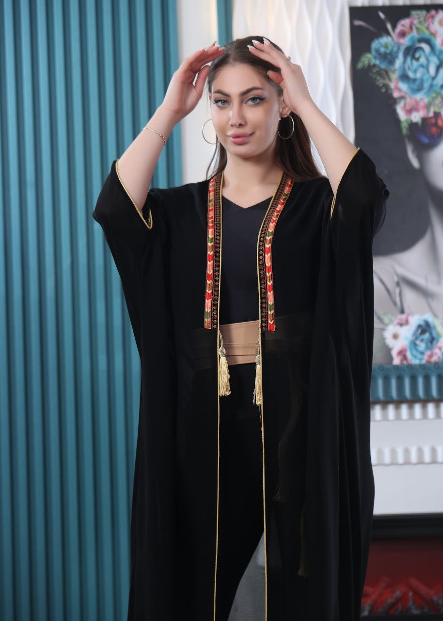 Palestinian Elegance embroidered chiffon cardigan in black with red and gold embroidery details on front edges