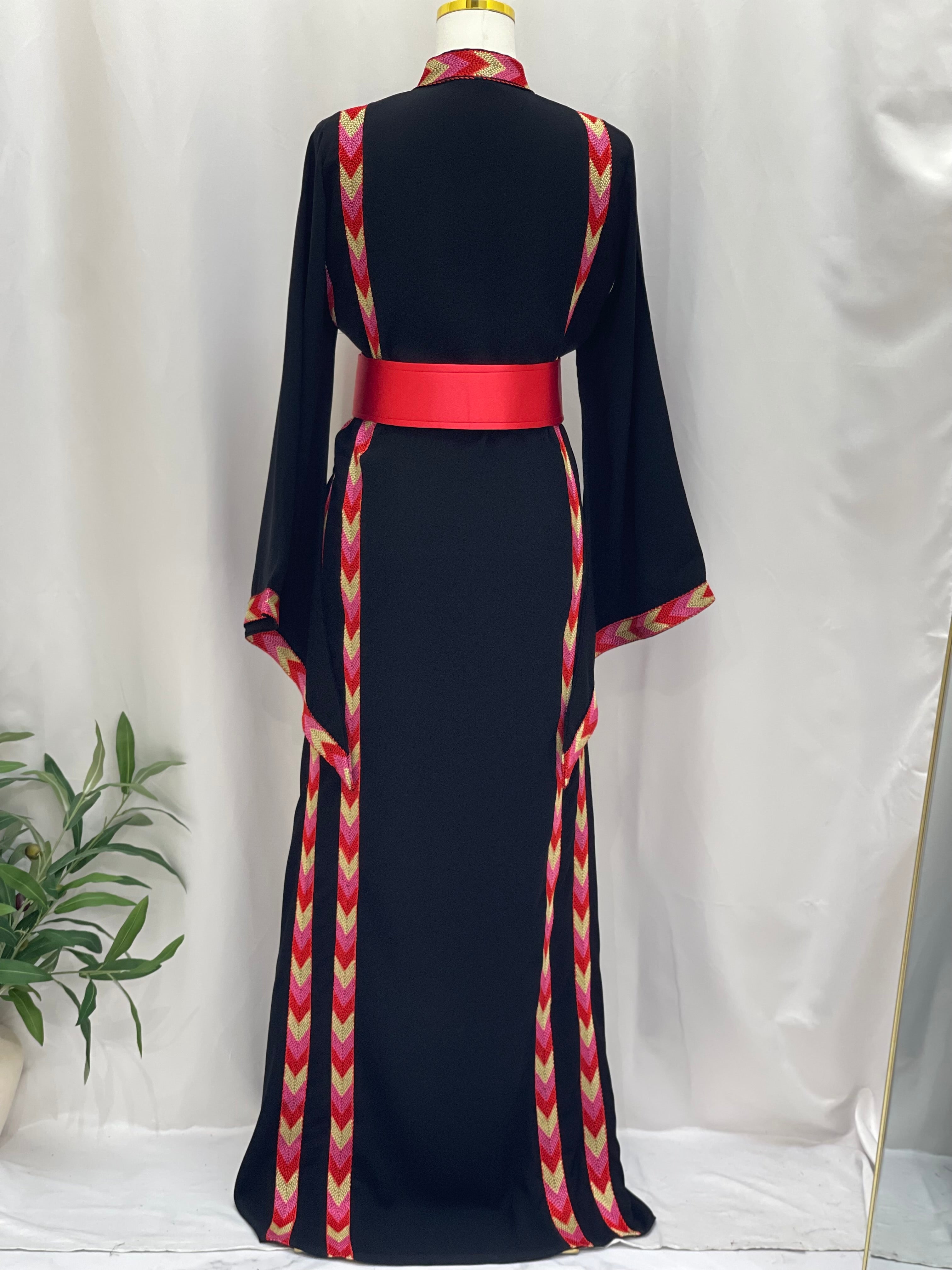Palestinian Elegance embroidered thoub dress in black with red and gold geometric embroidery and wide sleeves
