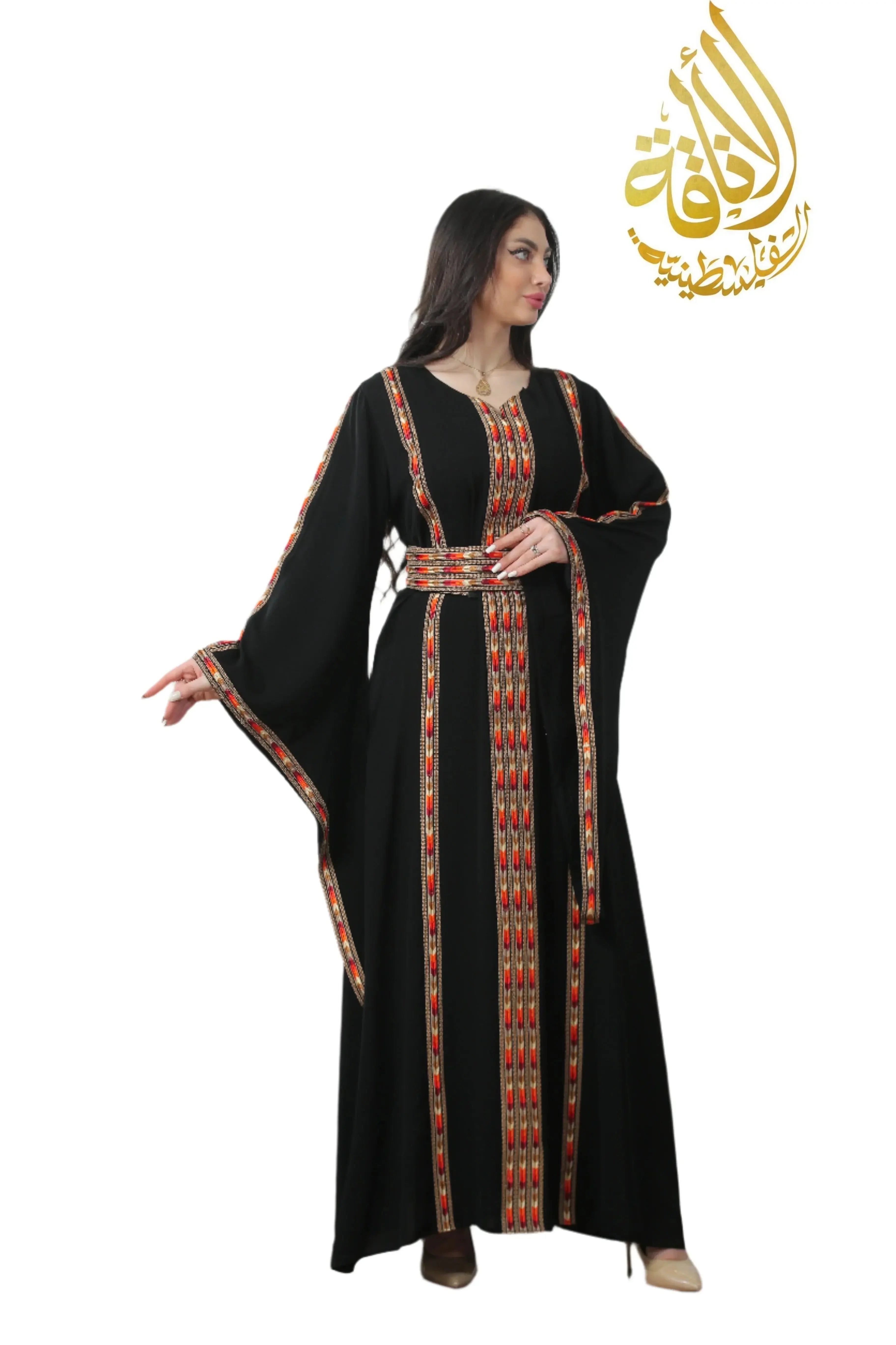 Palestinian Elegance Salam Manjal Embroidered Thoub in black with red and gold traditional embroidery