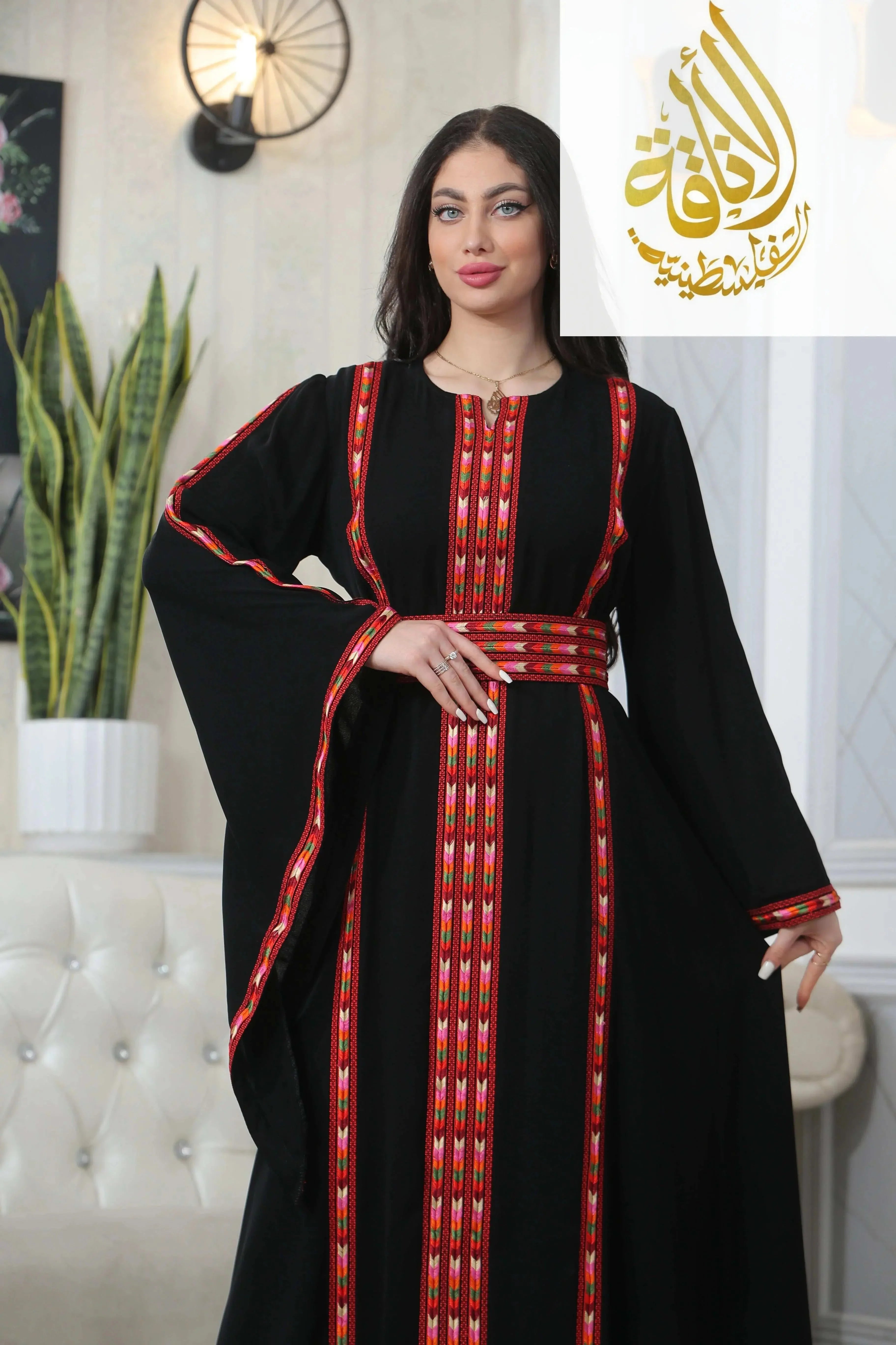 Palestinian Elegance Salam Manjal Embroidered Thoub black traditional dress with red patterned embroidery