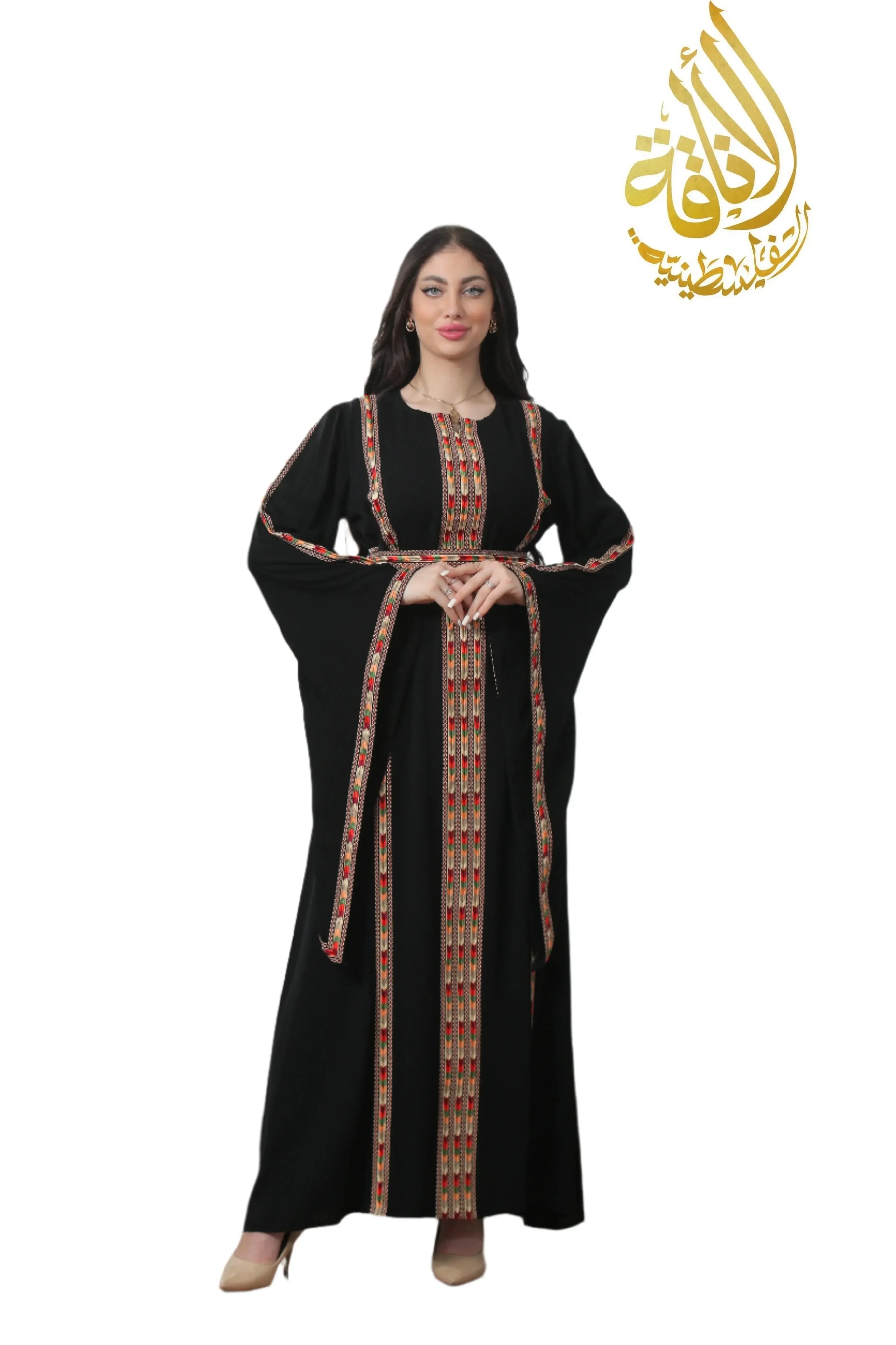 Palestinian Elegance Salam Manjal Embroidered Thoub in black with traditional colorful embroidery and flowing sleeves