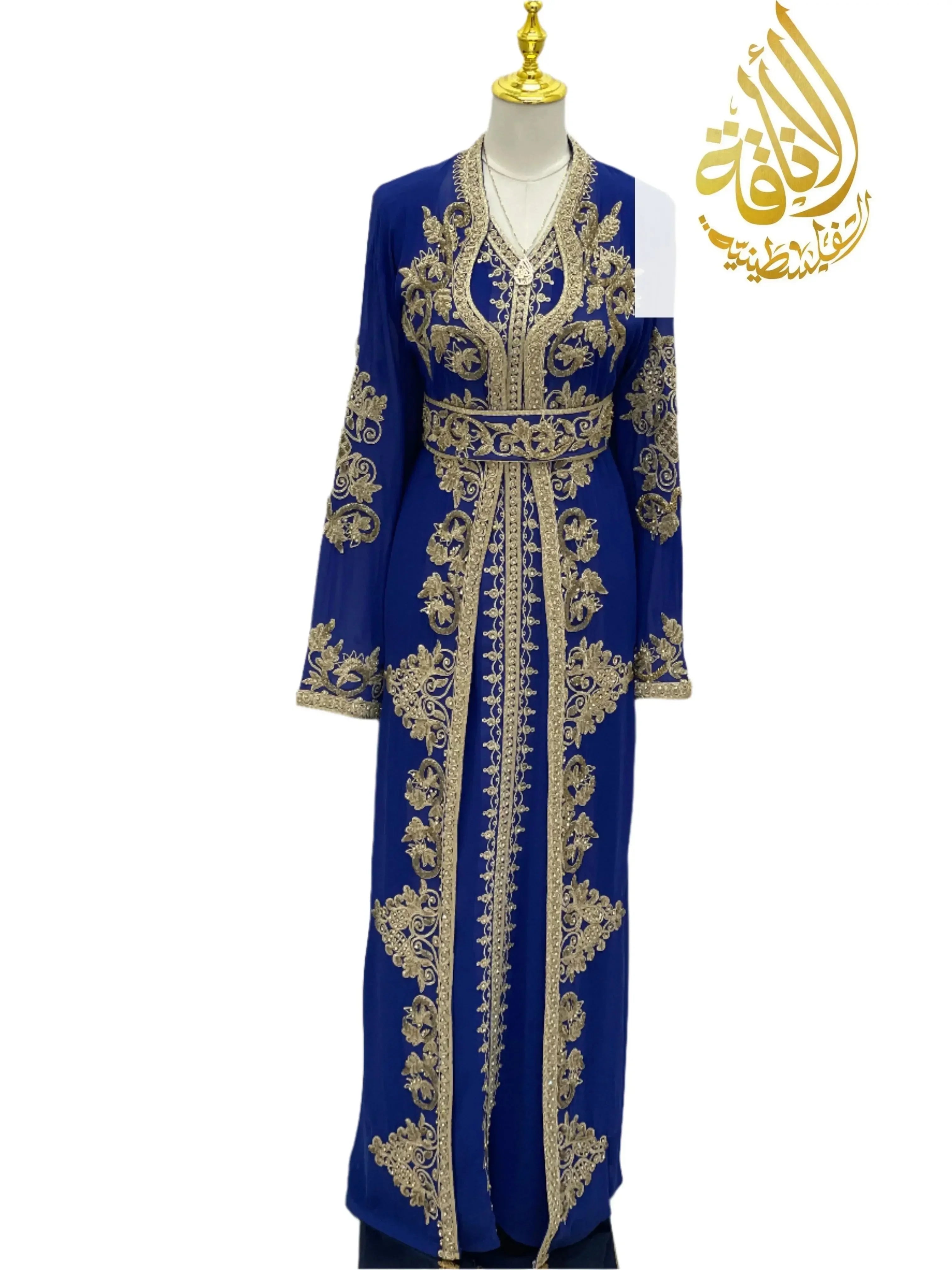 Palestinian Elegance Moroccan Style Kaftan in royal blue with intricate gold embroidery and matching belt