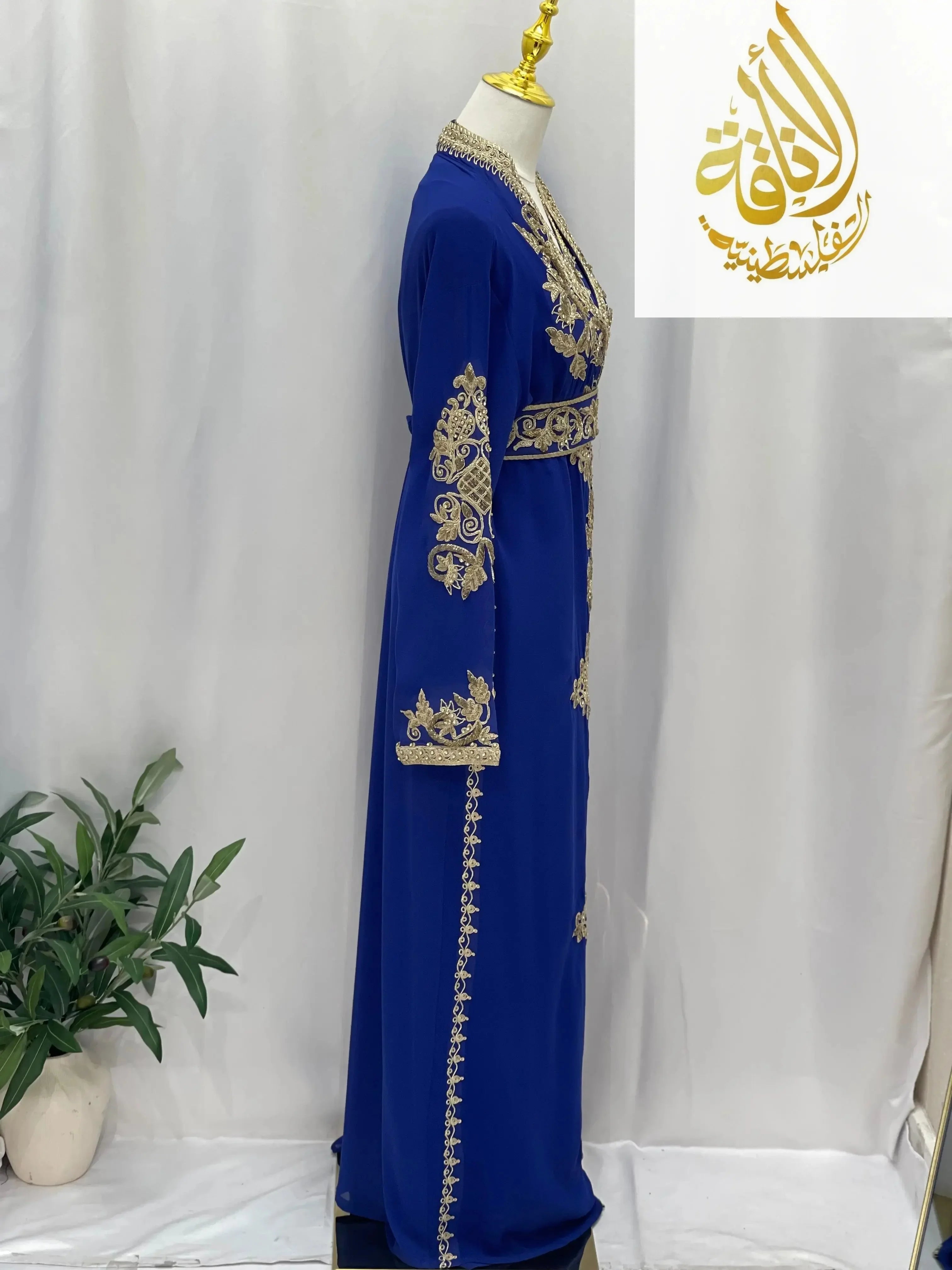 Blue Moroccan Style Kaftan with gold embroidery and long sleeves by Palestinian Elegance