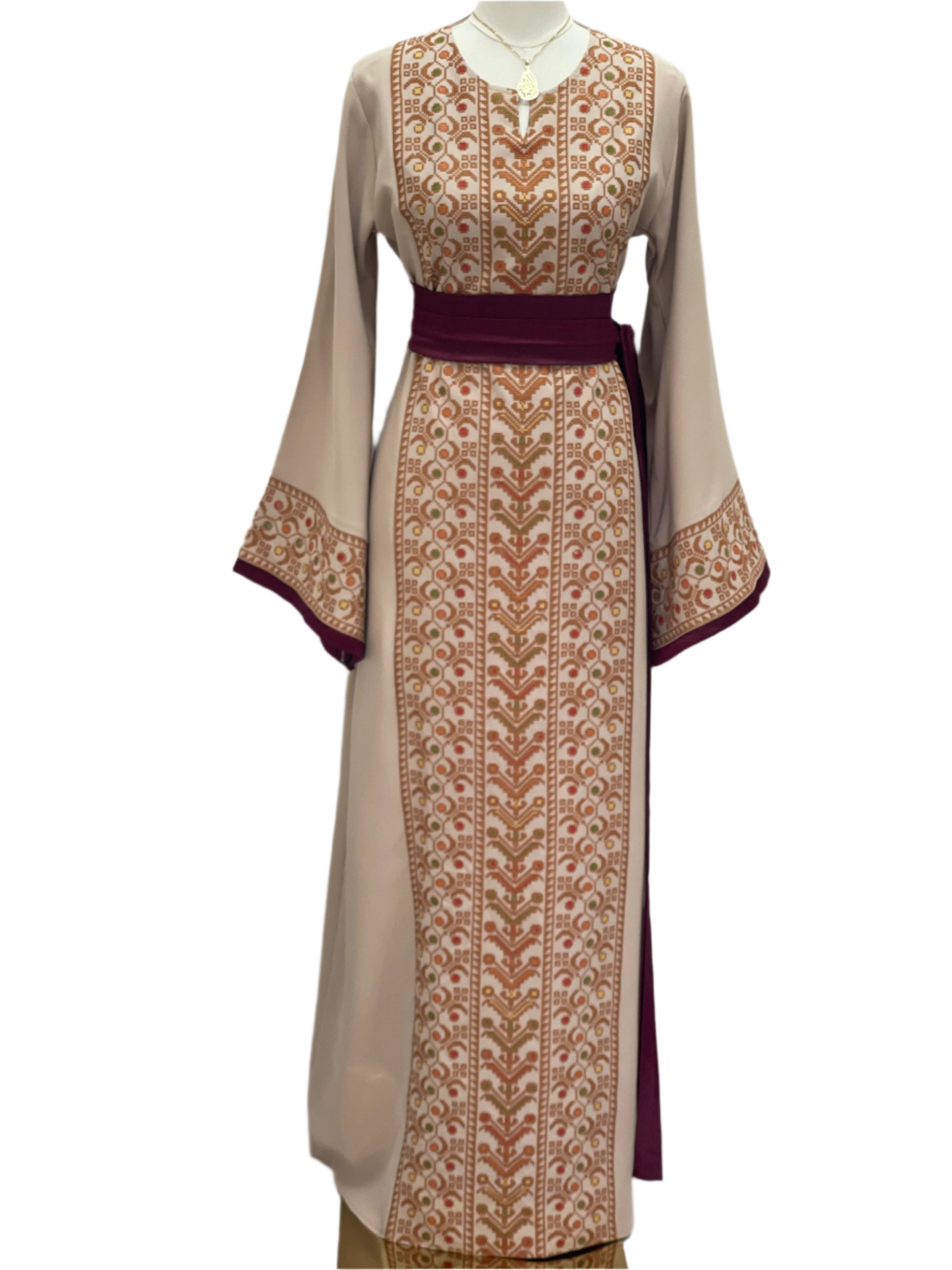 Palestinian Elegance Embroiderd Thobe With Belt featuring intricate traditional patterns and long sleeves