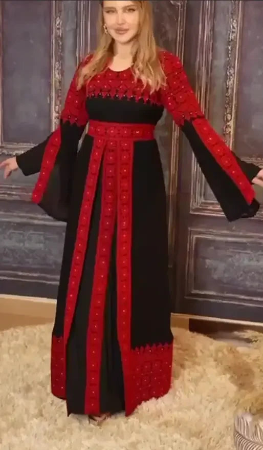 Palestinian Elegance tatreez dress for women in black with red traditional embroidery and long sleeves