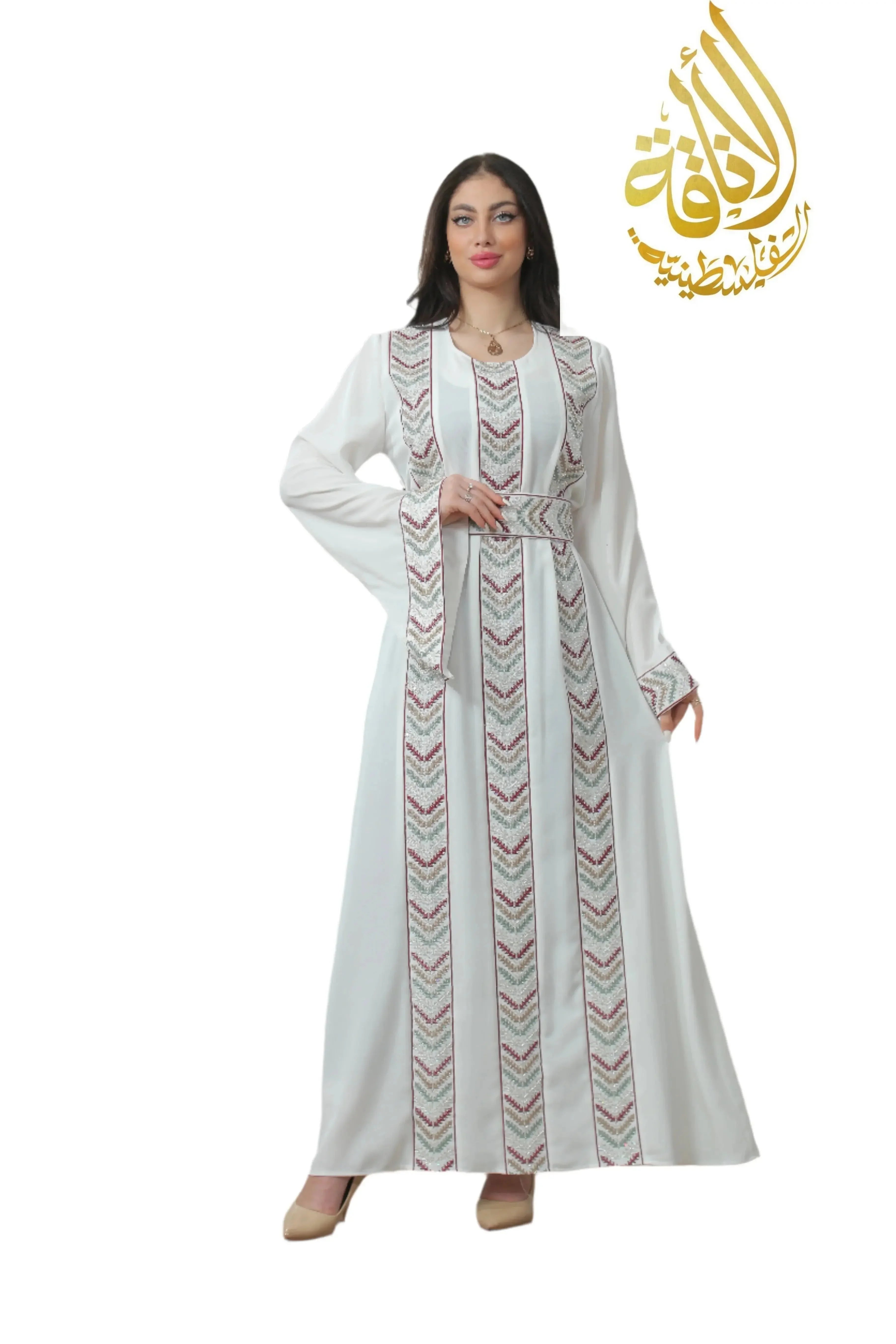 Palestinian Elegance Seham Embroidered Beads Thoub white traditional dress with intricate bead embroidery
