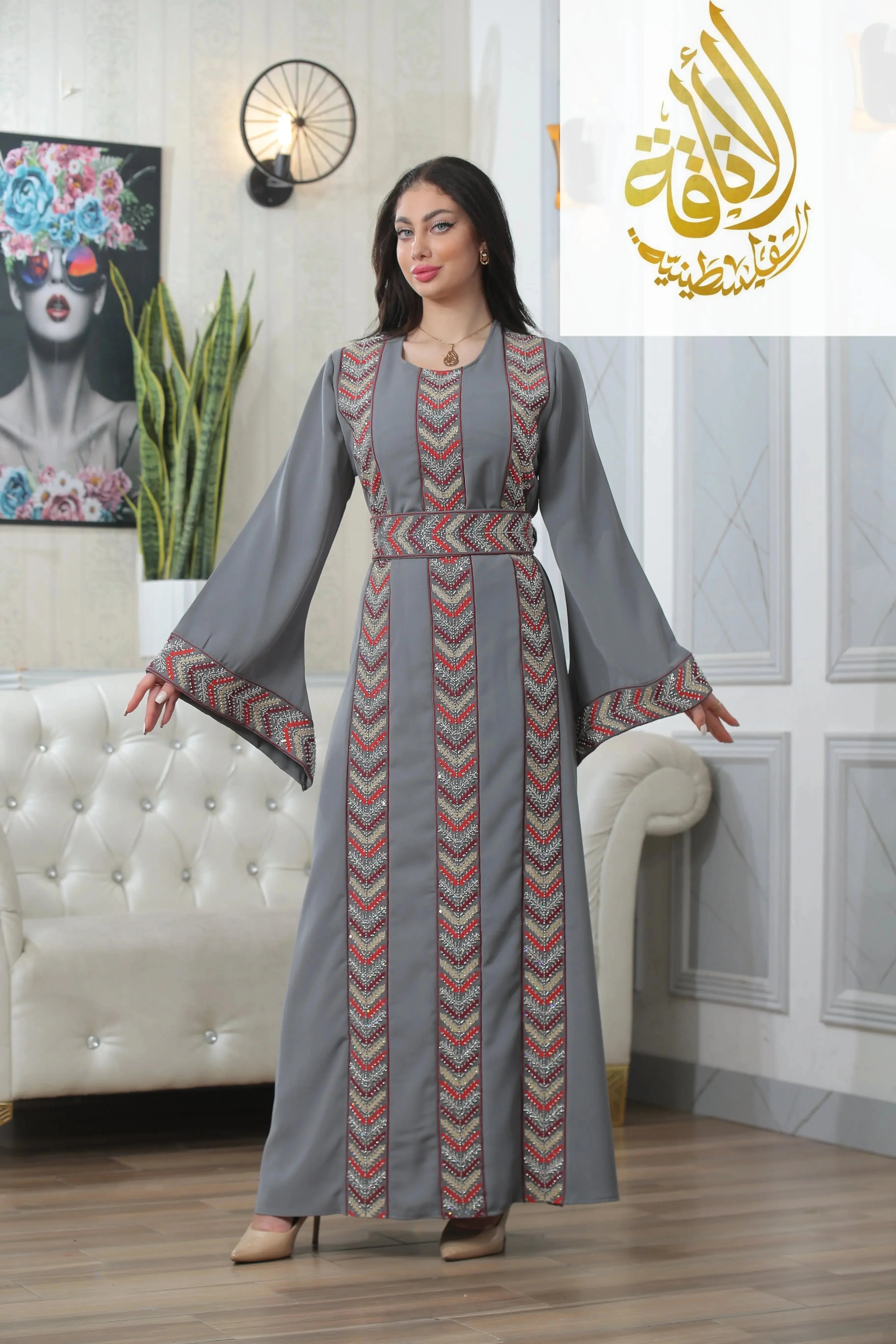 Palestinian Elegance Seham Embroidered Beads Thoub in gray with traditional red and white bead embroidery