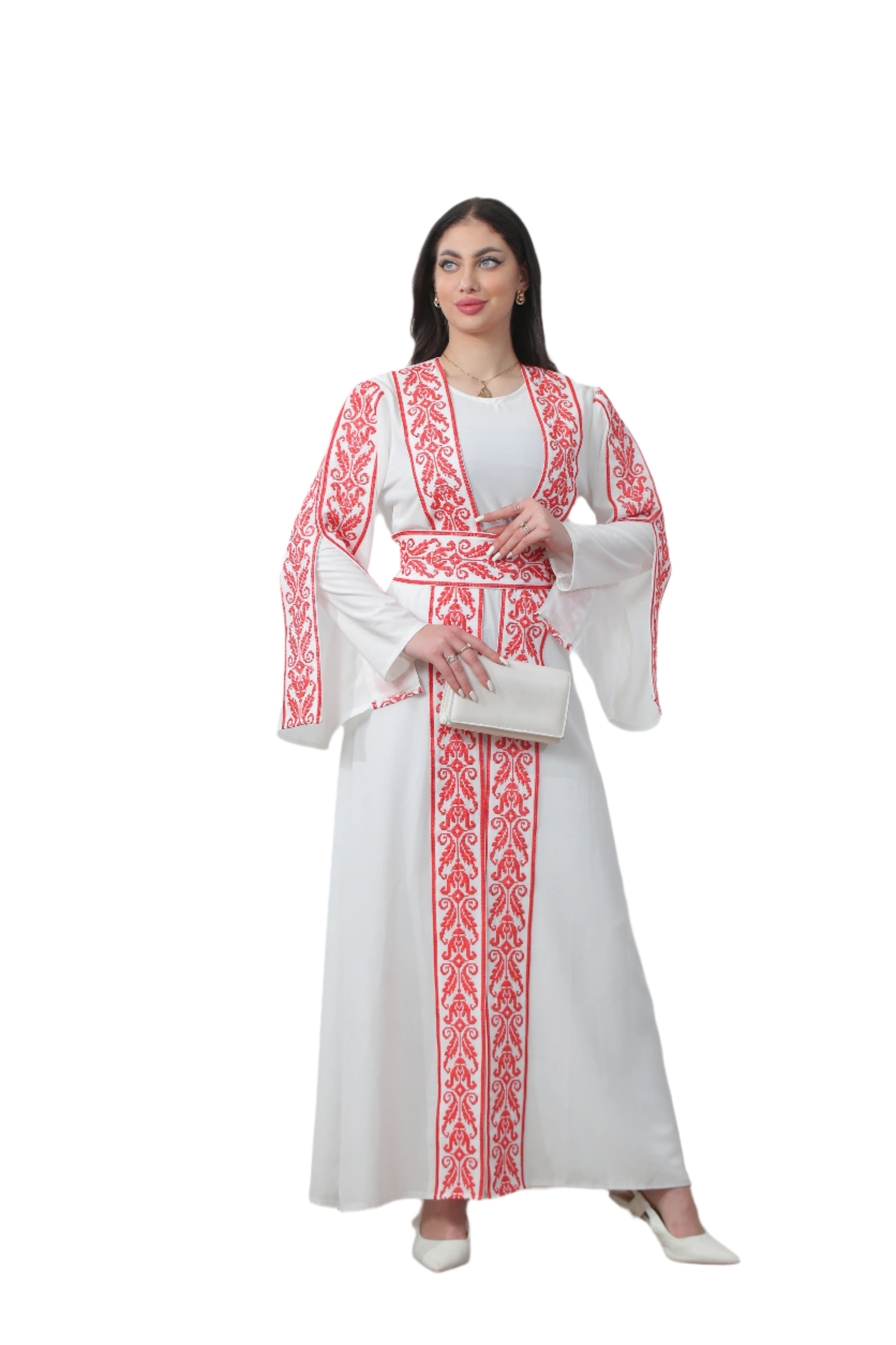 Palestinian Elegance Shereen Embroidered Bisht Abaya white thoub with red intricate embroidery and wide sleeves