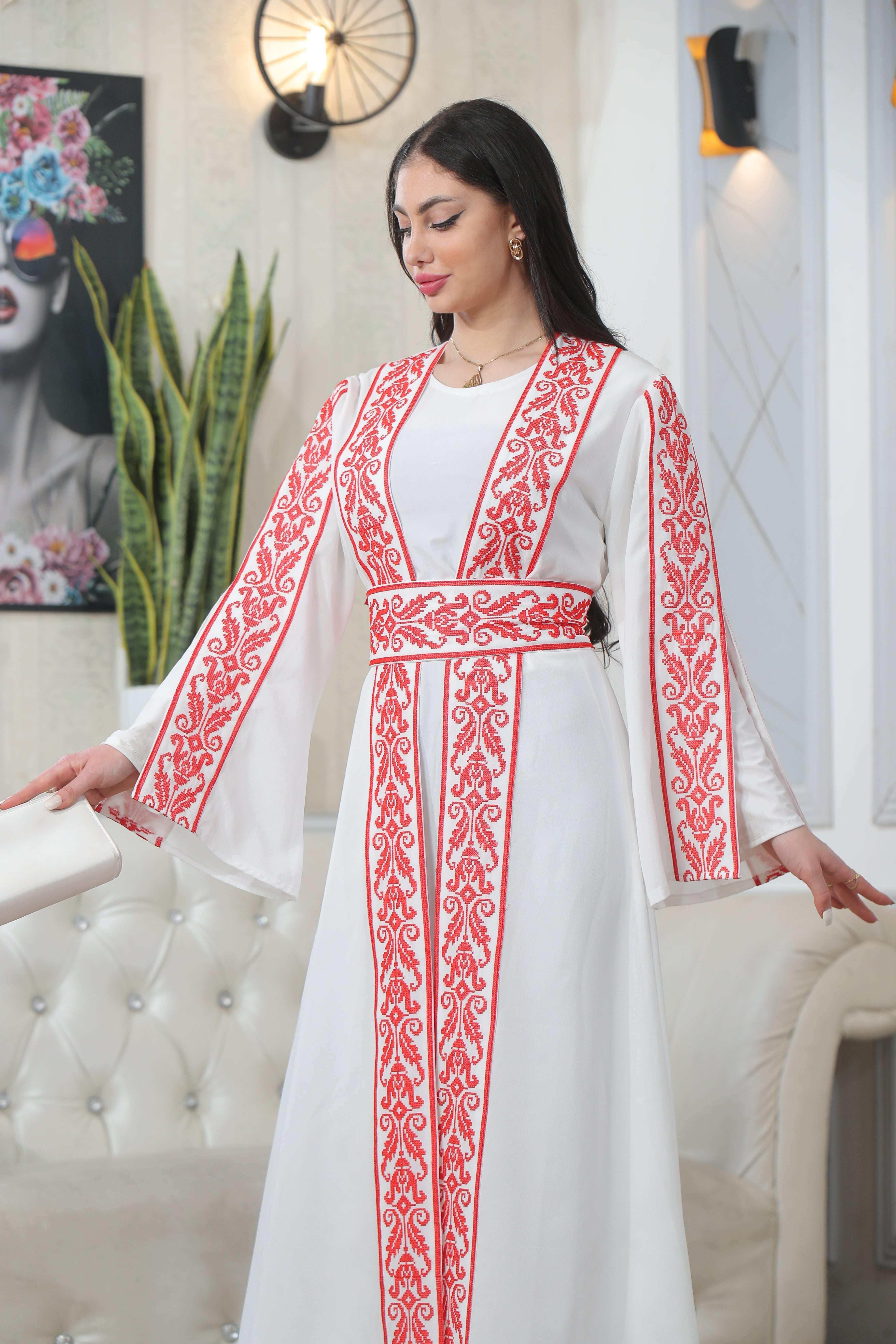 Palestinian Elegance Shereen Embroidered Bisht Abaya in white with red intricate embroidery detailing