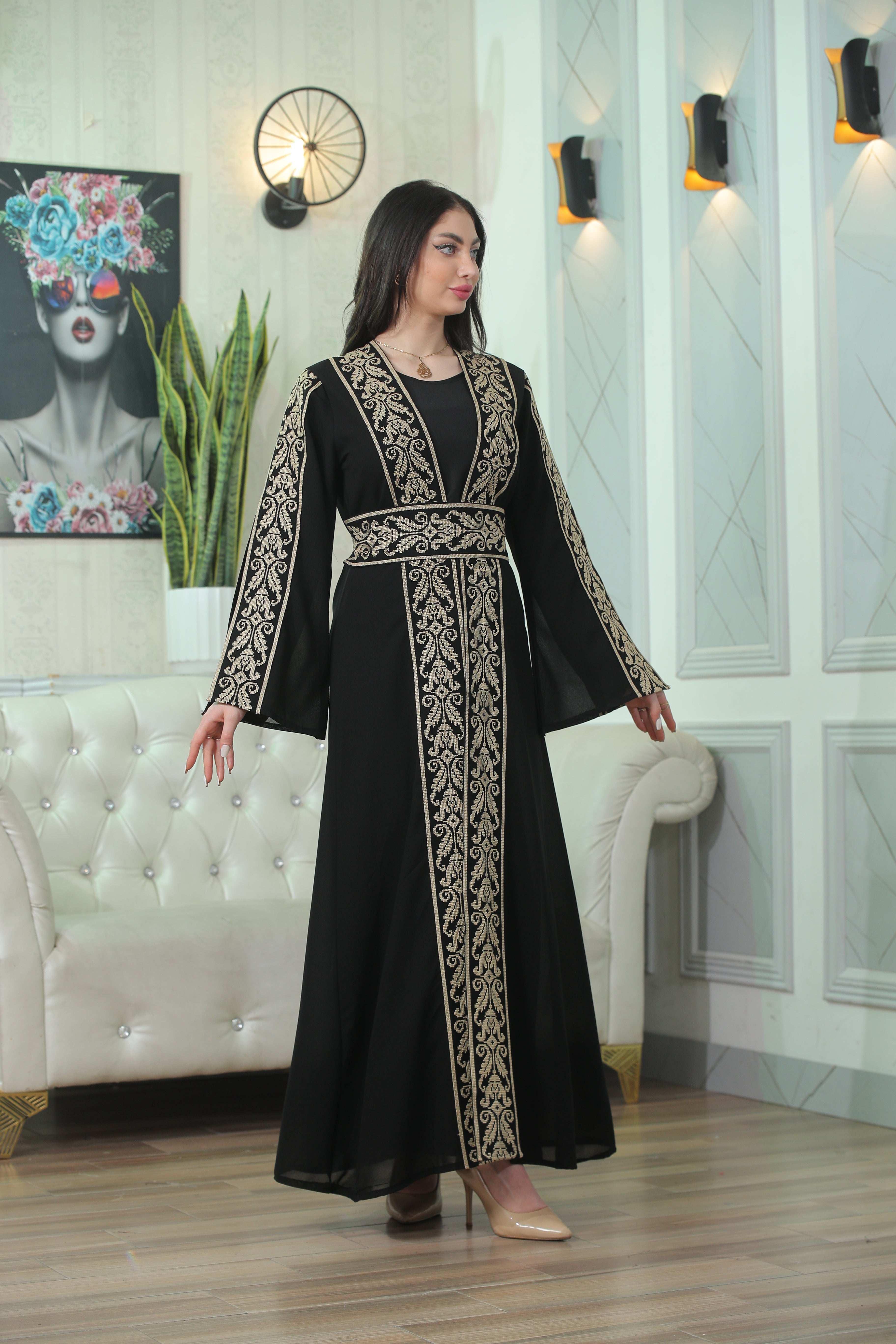 Palestinian Elegance Shereen Embroidered Bisht Abaya black thoub with intricate gold embroidery on sleeves and front