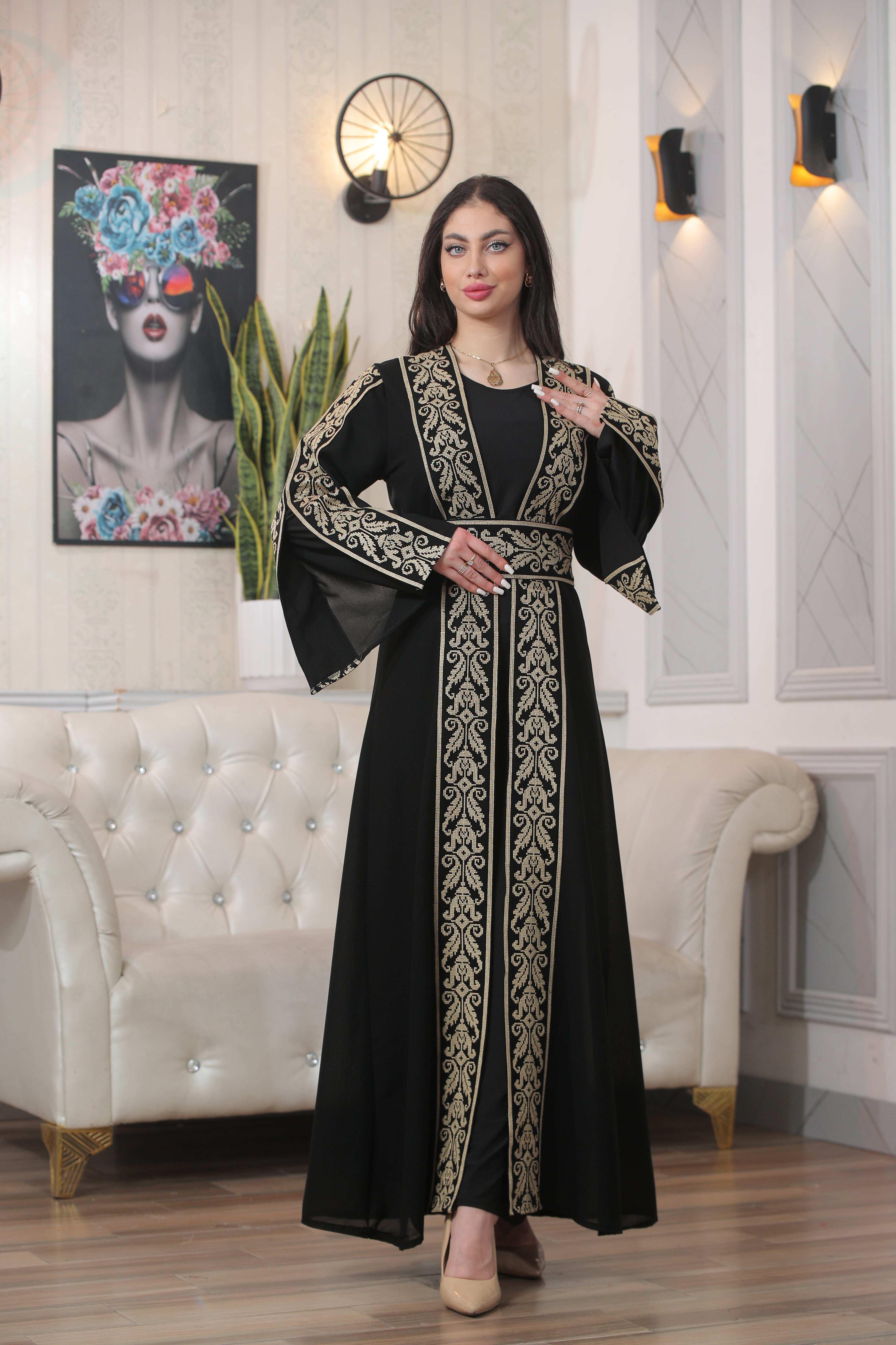 Palestinian Elegance Shereen Embroidered Bisht Abaya black thoub with intricate gold embroidery and long flowing sleeves