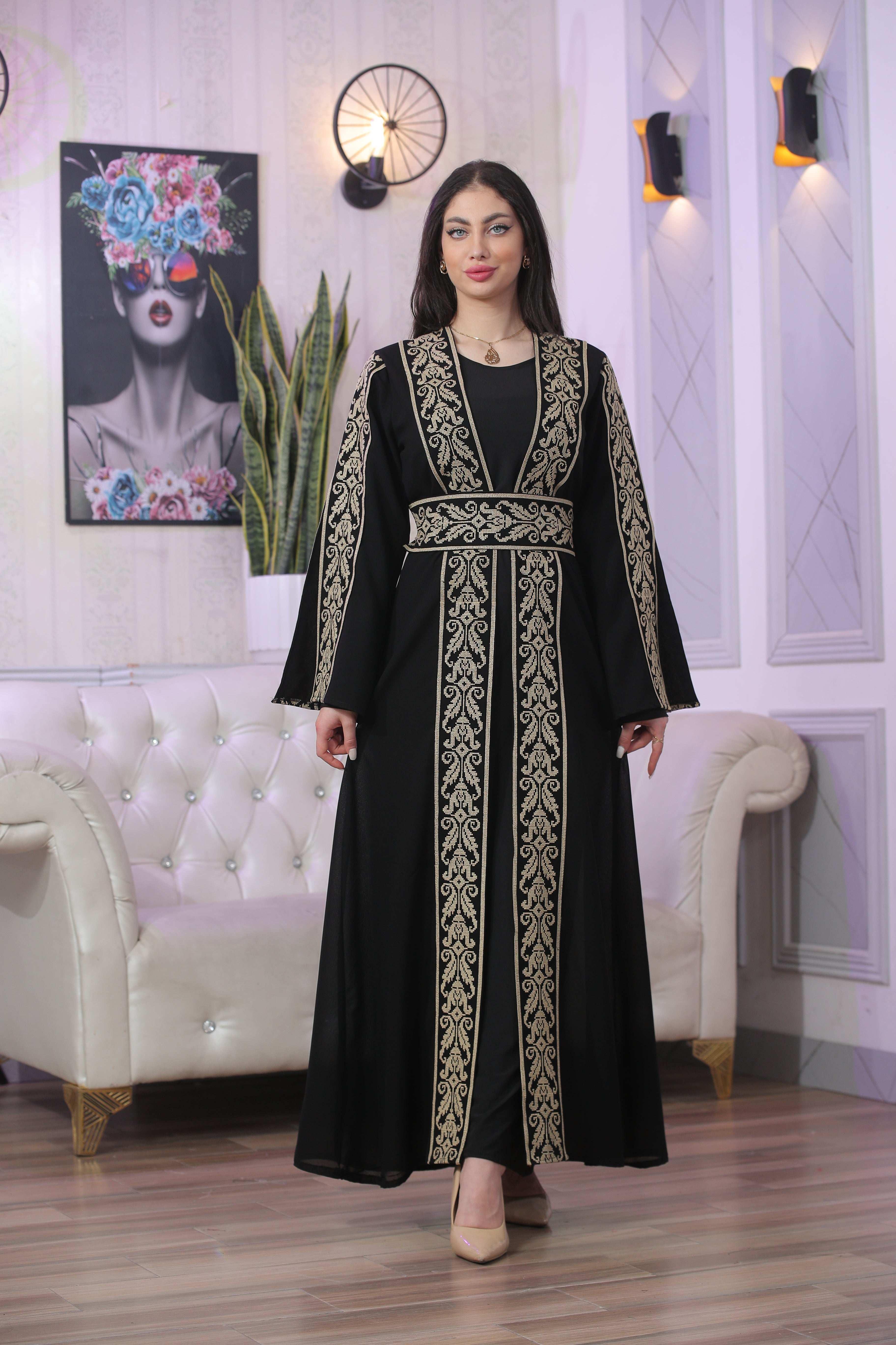 Palestinian Elegance Shereen Embroidered Bisht Abaya black thoub with intricate gold embroidery and wide sleeves