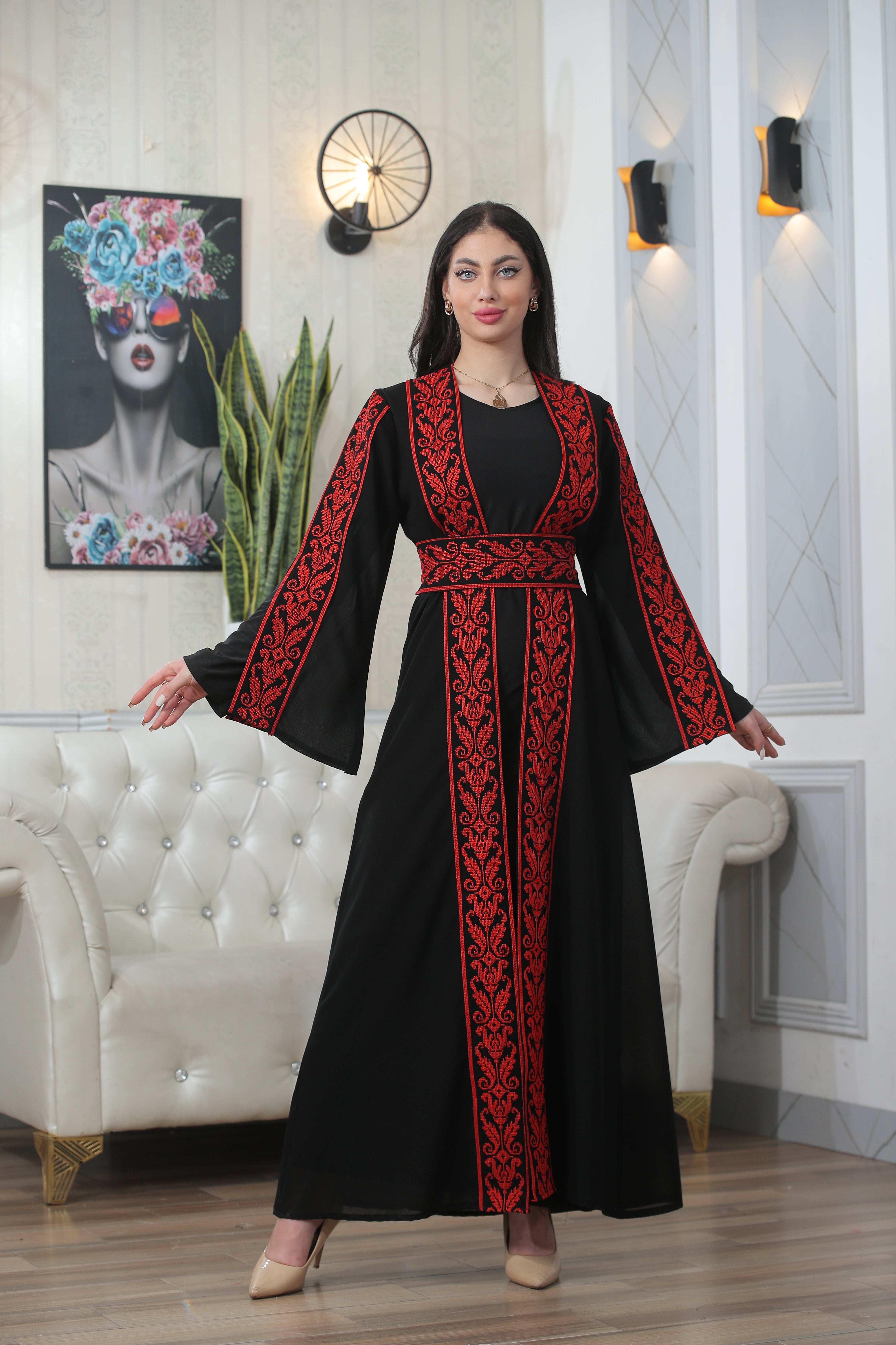 Palestinian Elegance Shereen Embroidered Bisht Abaya black thoub with red intricate embroidery