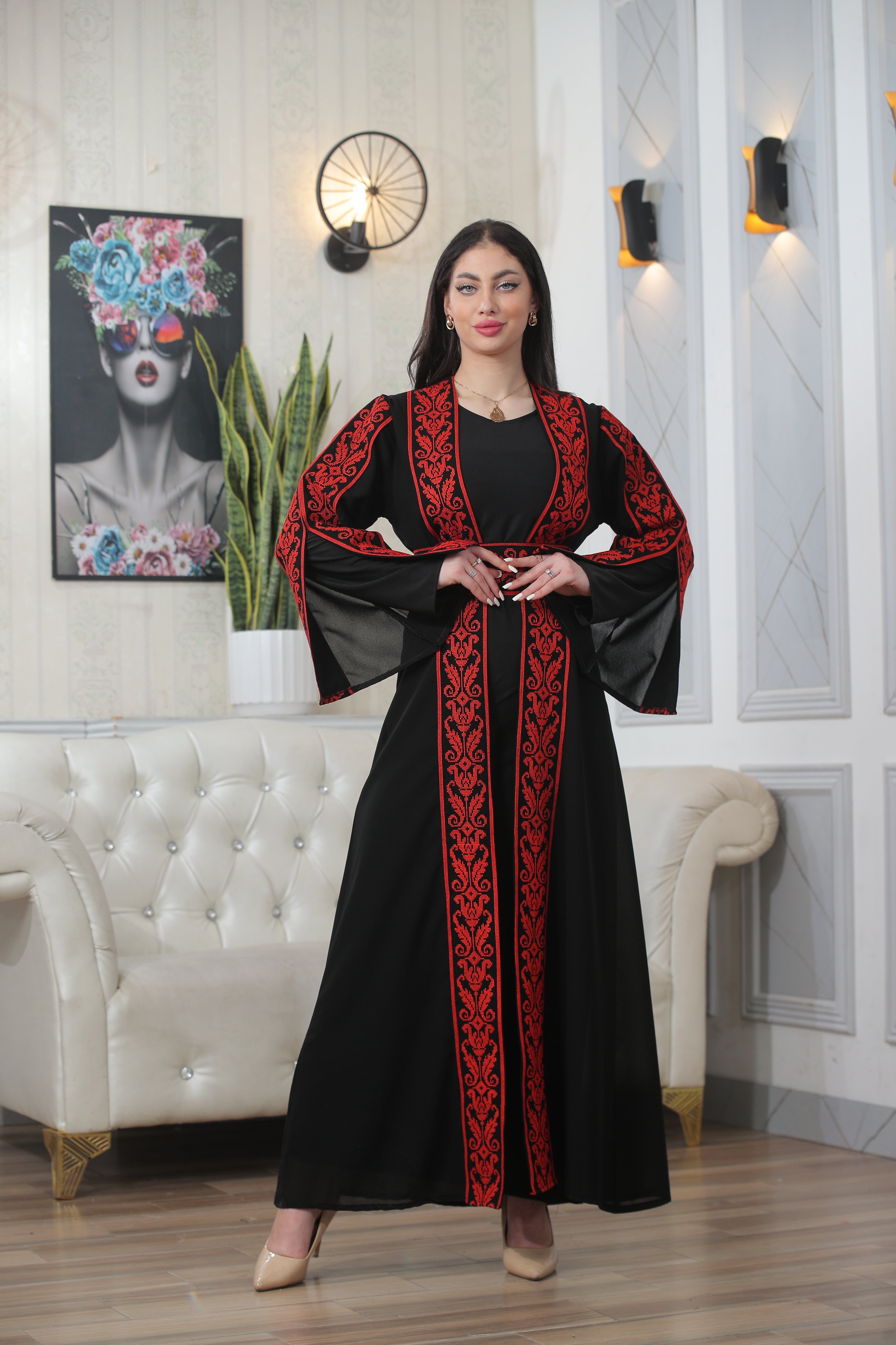 Palestinian Elegance Shereen Embroidered Bisht Abaya in black with red intricate embroidery on sleeves and front