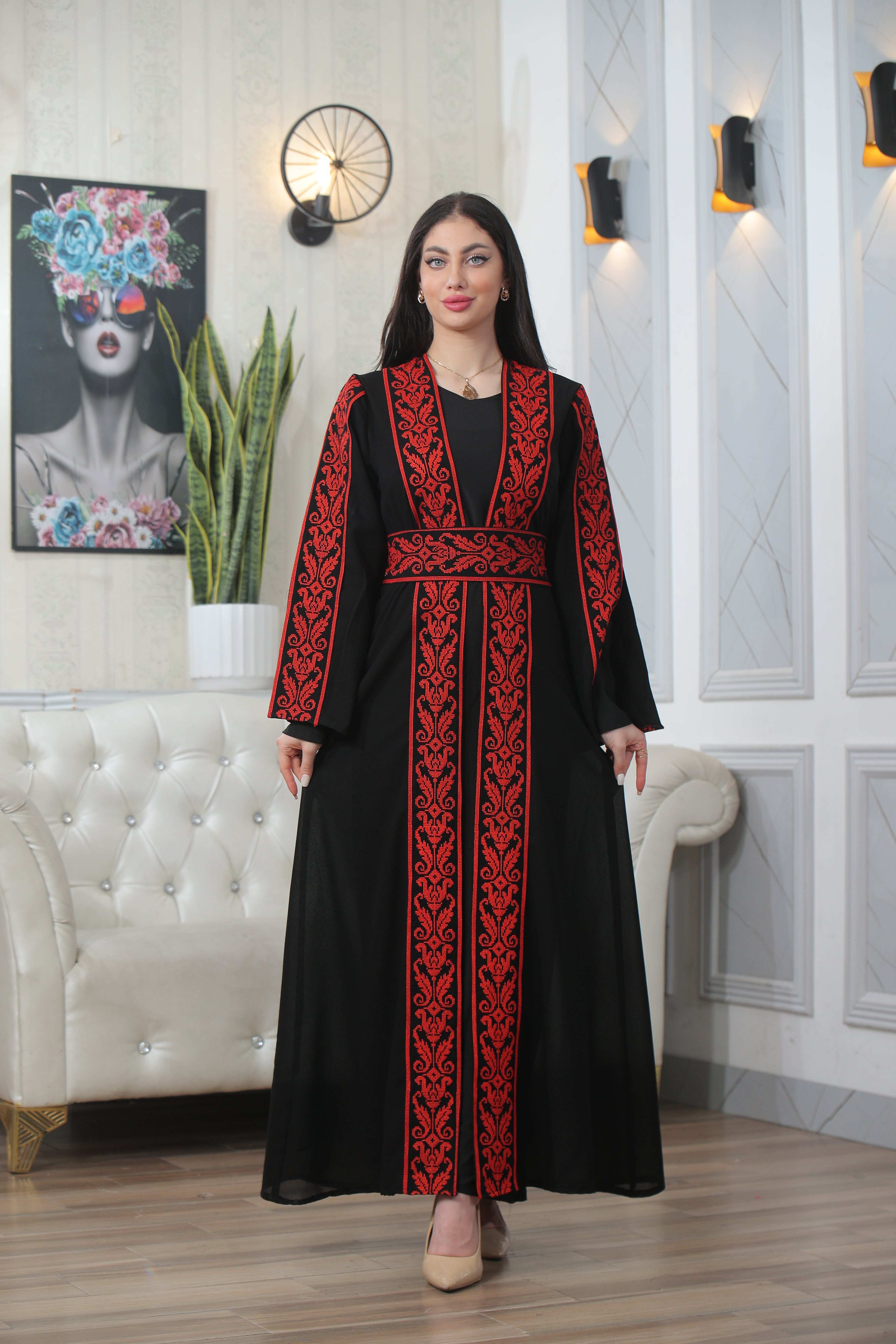 Shereen Embroidered Bisht Abaya by Palestinian Elegance black thoub with red intricate embroidery