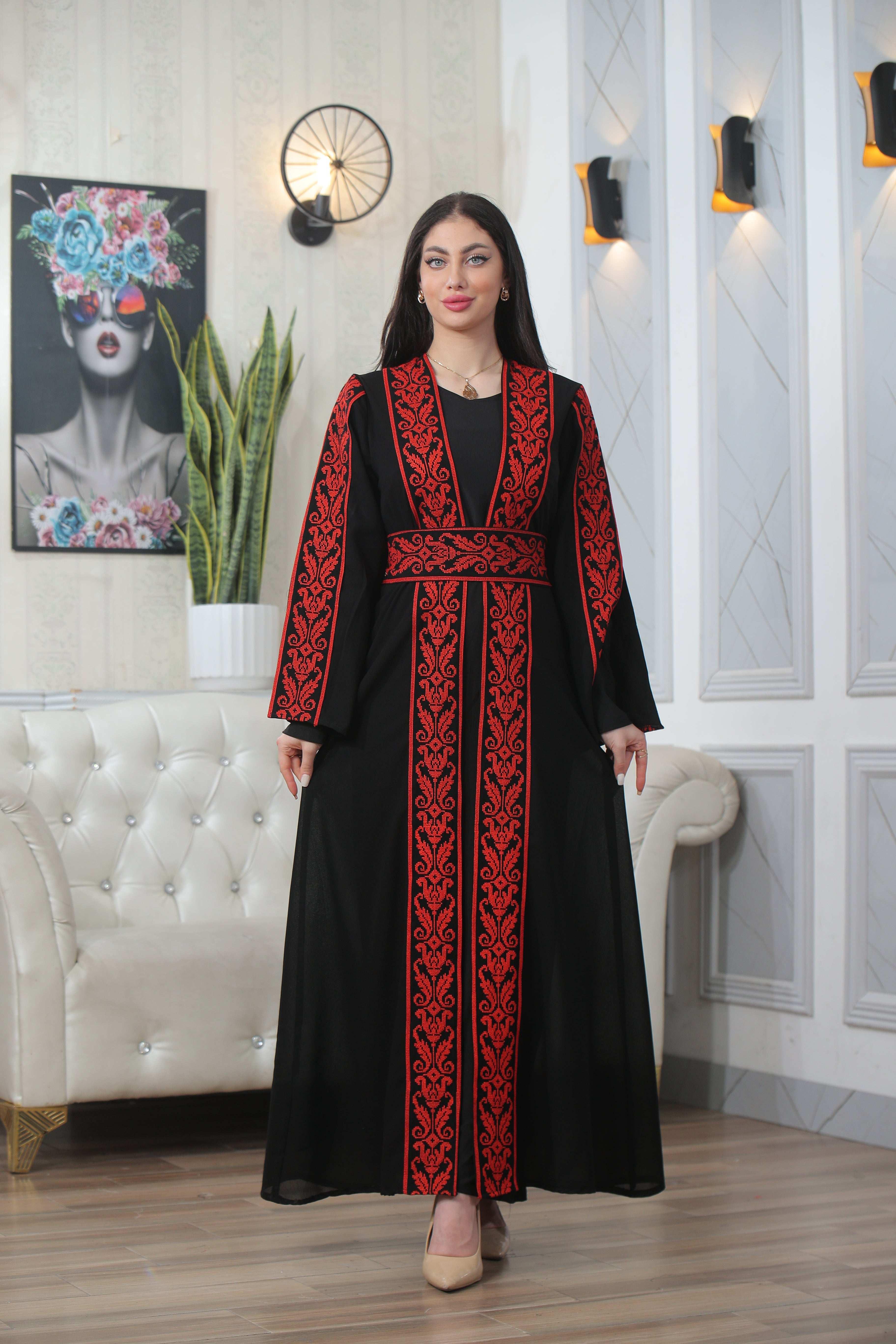 Shereen Embroidered Bisht Abaya by Palestinian Elegance black thoub with red intricate embroidery