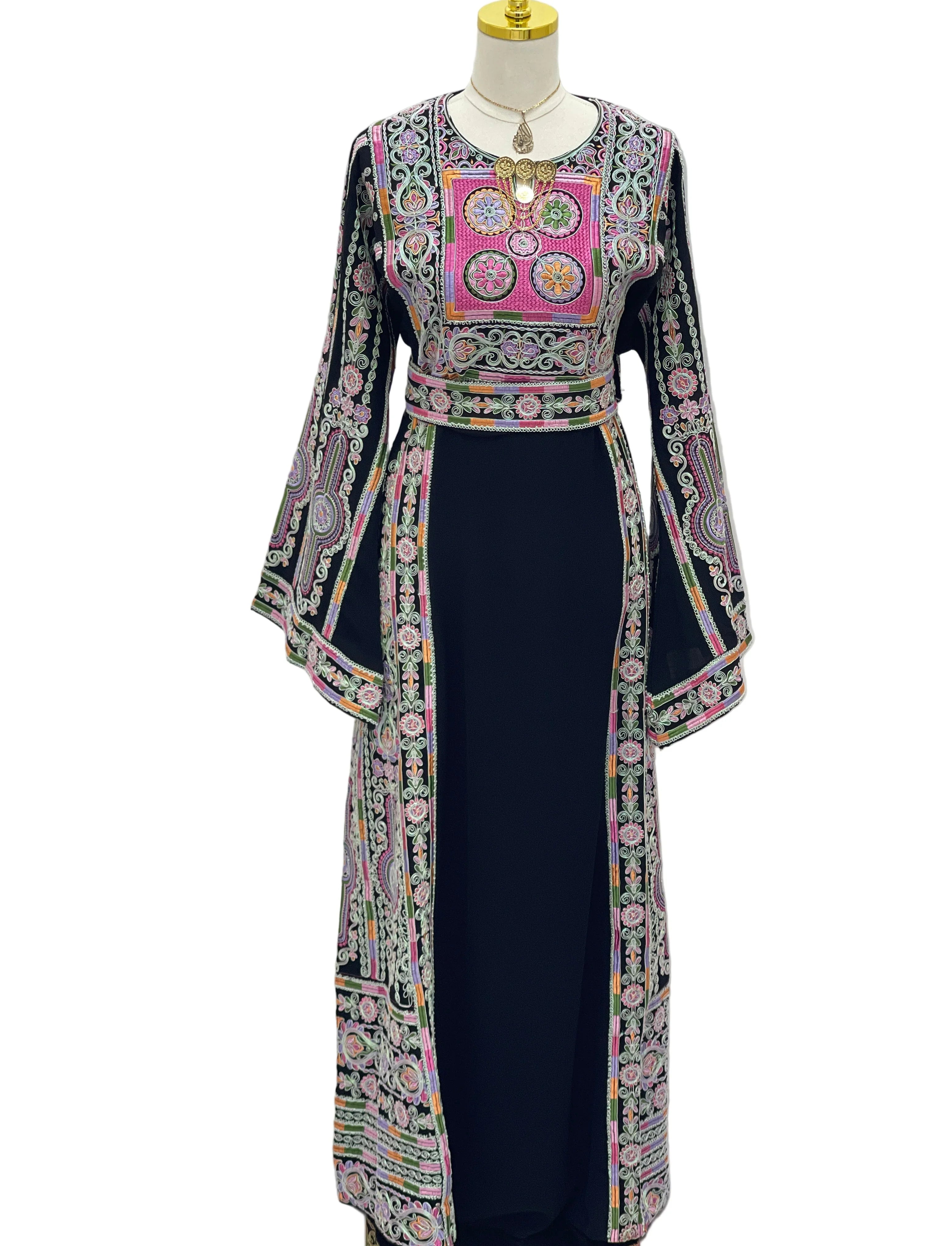 Silver Piping Embroidered Thobe by Palestinian Elegance navy long thobe with pink multicolor embroidery and belt