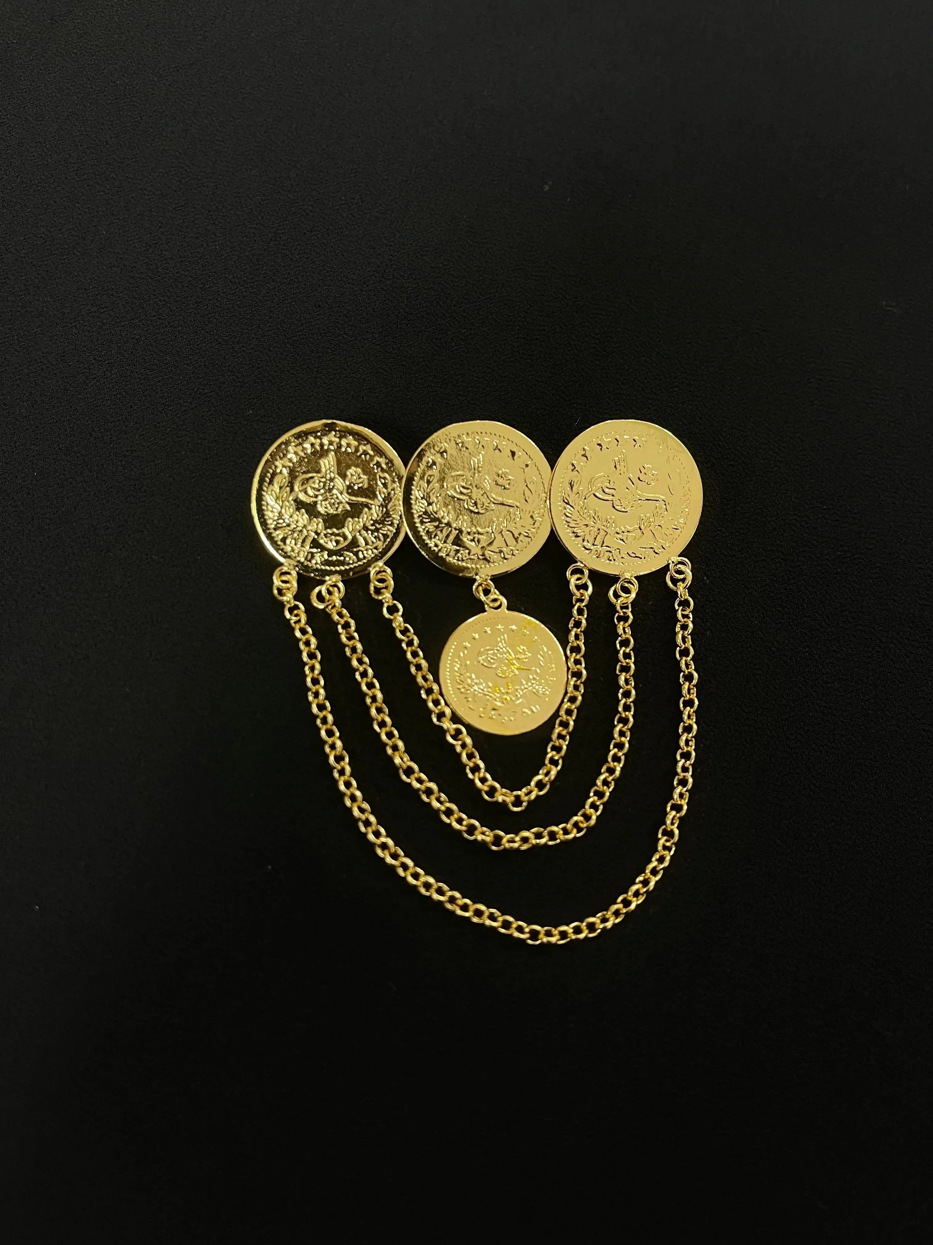 Palestinian Rashadi pin by Palestinian Elegance with gold coins and chain accessory on black background