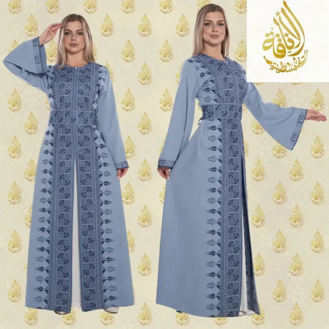 Sky blue bisht with embroidery by Palestinian Elegance featuring intricate black patterns on front and sleeves